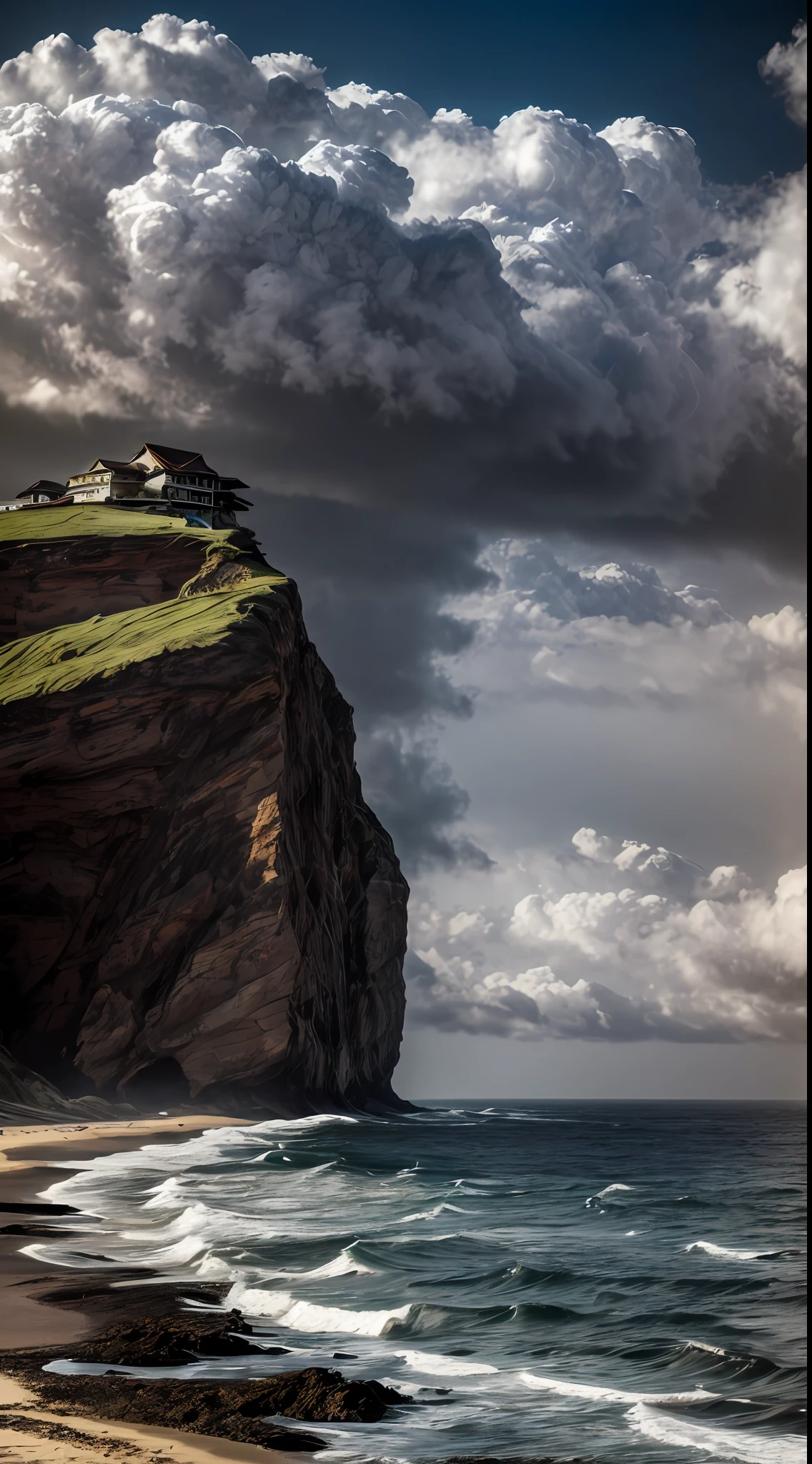 ((Masterpiece)), ((Best Quality)), ((Ultra Detailed)), (Amazing:1.1), Beautiful, Nature, Beach and Waves, Gale, Windblown Wind, Line Cloud, Cloudy Sky with Light Shot Out of Clouds, In Lush Landscape, Award Winning Photo, Toshiba PDR M70 Boo