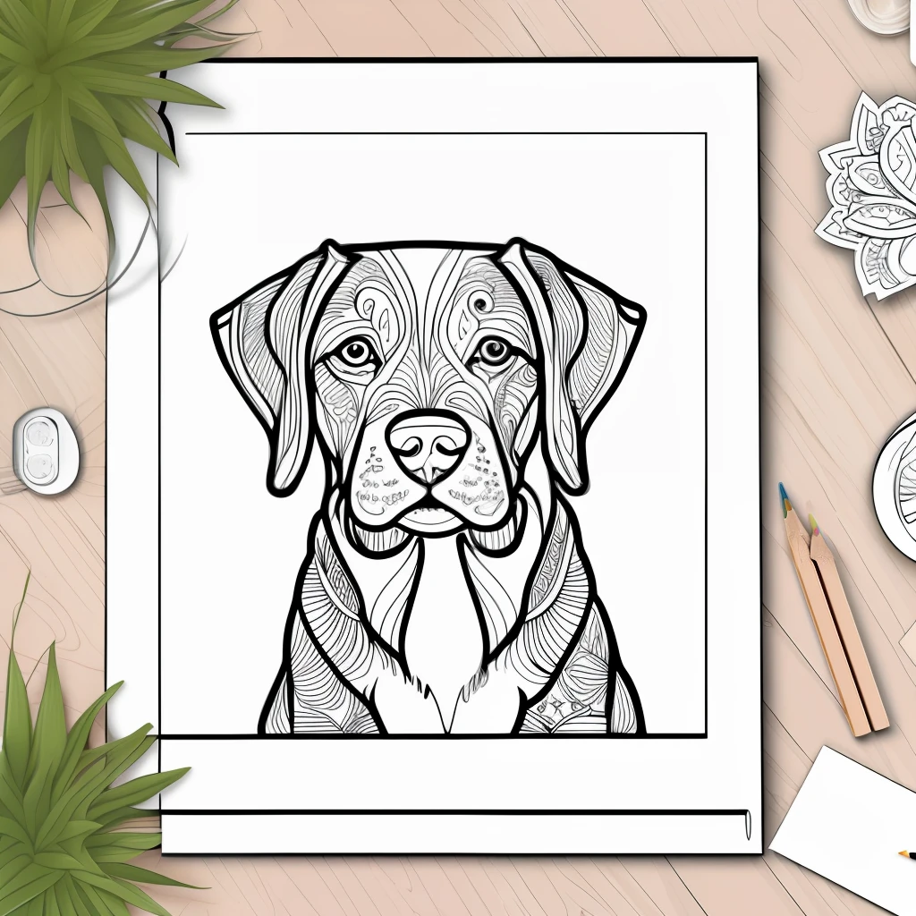 monochrome, coloring page for adults, vectorization, mandala, dog image (Vizsla), white background, clean line art, fine line art