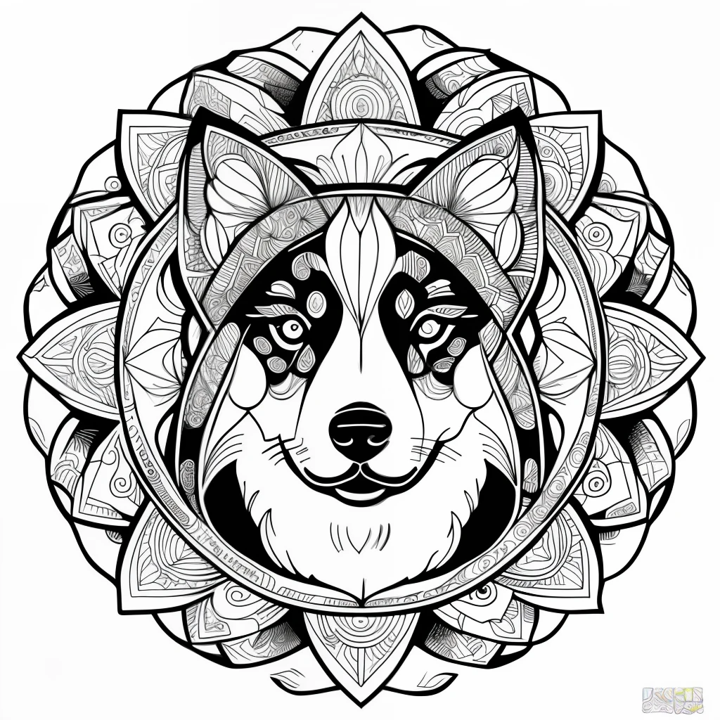 monochrome, adult coloring page, vectorization, mandala, dog image (Akita), white background, clean line art, fine line art