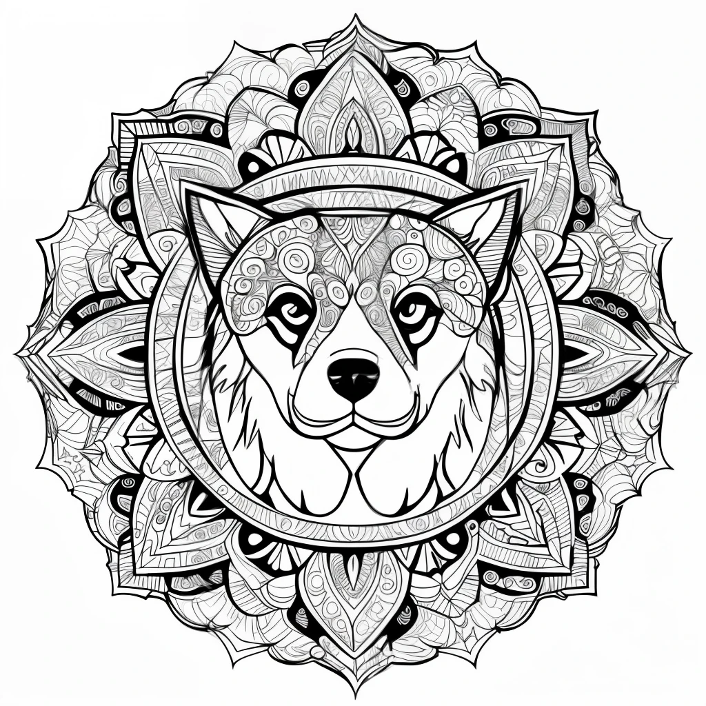 monochrome, adult coloring page, vectorization, mandala, dog image (Akita), white background, clean line art, fine line art
