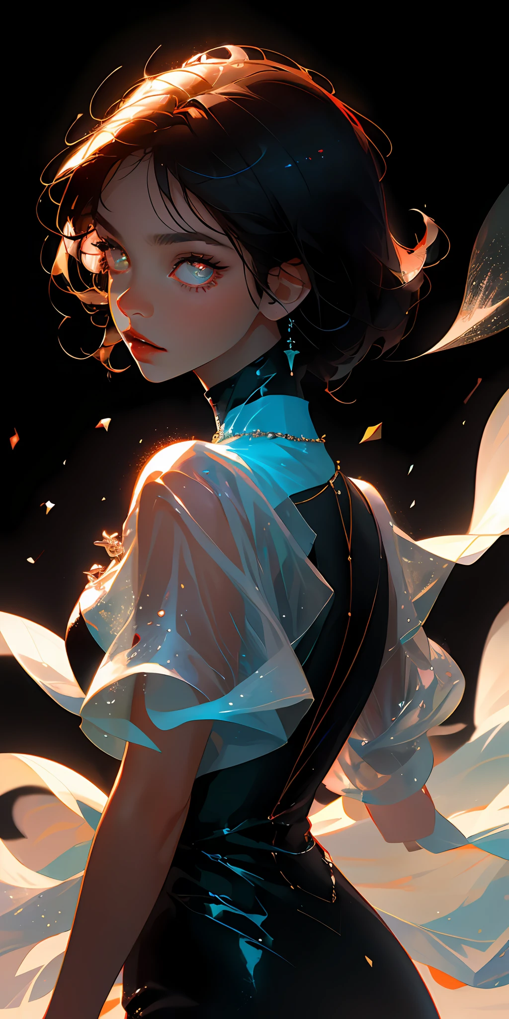 (Best Quality, Masterpiece), 1 Girl, Pose, Particle, Wind, Upper Body, Simple Background, Looking at the Viewer, Focus on Face, Short Black Hair, Silver Eyes, Necklace, Radiance, Black Dress, White Pupils