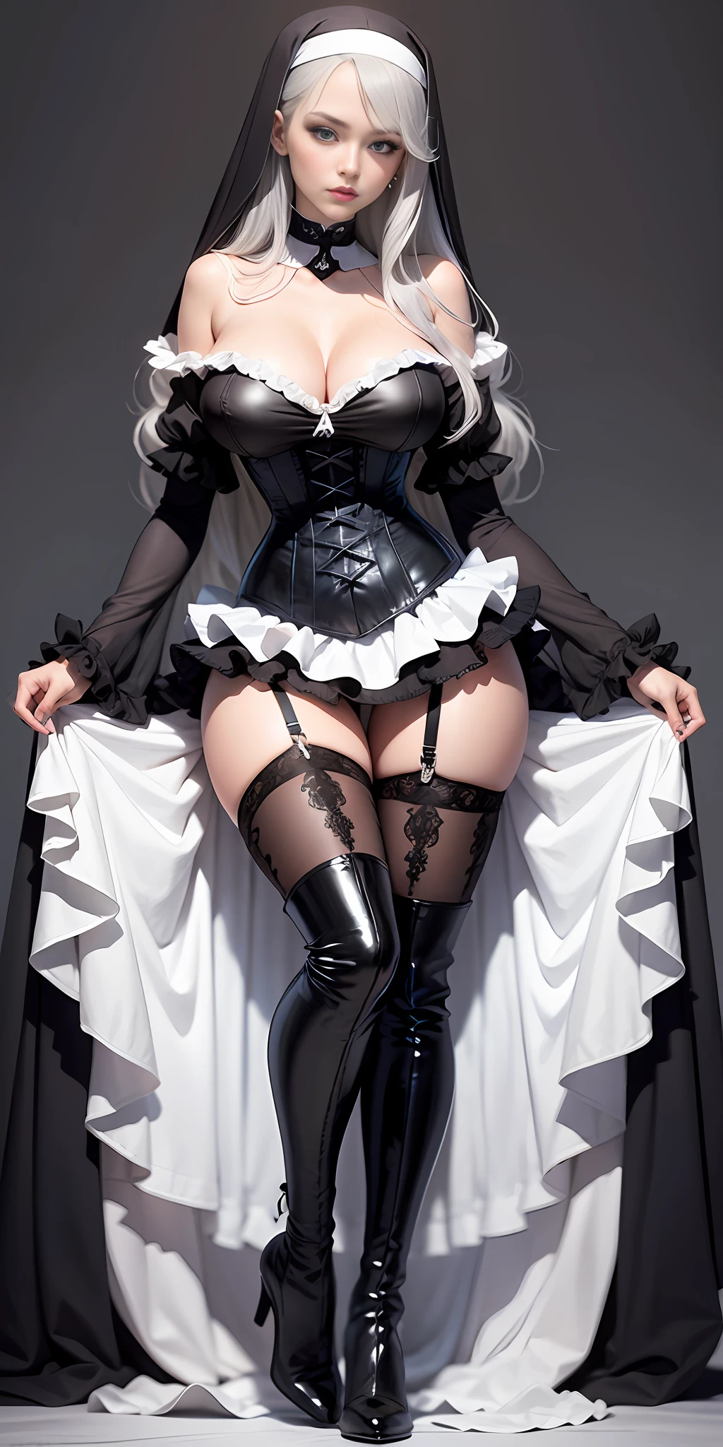 [black:aqua:0.65] theme, masterpiece, a girl's masterpiece, detailed visual art, blue eyes, silver hair, long hair, collarbone, queen, mature, elegant, gorgeous nun dress, corset piercing, detailed layered skirt, [detailed frills: 0.1], [frilled dress: 0.1], embroidery, [detail skirt: 0.1], off-the-shoulder, big breasts: 1.3, open crotch, thigh seam, groin, high-heeled over-the-knee boots, [NSFW|uncensored], (simple background: 1.1), low-winged, full-body --auto