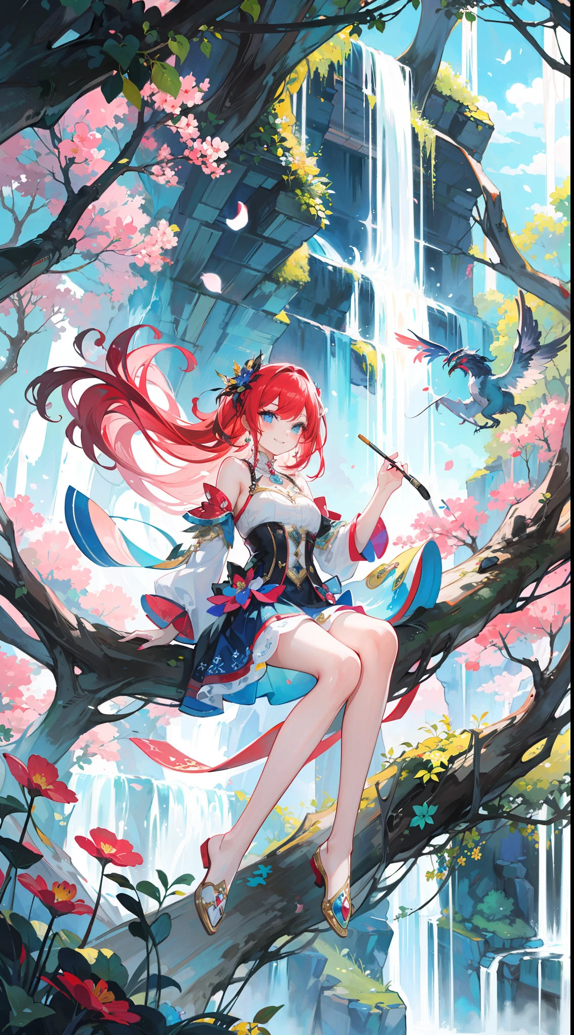 Draw a colorful red-haired and blue eyes girl completely immersed in her own fantasy painting. Step into the painting and find yourself in a magical world of vibrant colors and enchanting landscapes. Majestic floating islands, radiant flowers, and mythical creatures surround her. Watch as she uses her brush and palette to bring the scenery to life, with trees that whisper secrets and waterfalls that sing melodic tunes. She is lost in her own world of wonder and creativity, with eyes sparkling and a joyous smile on her face