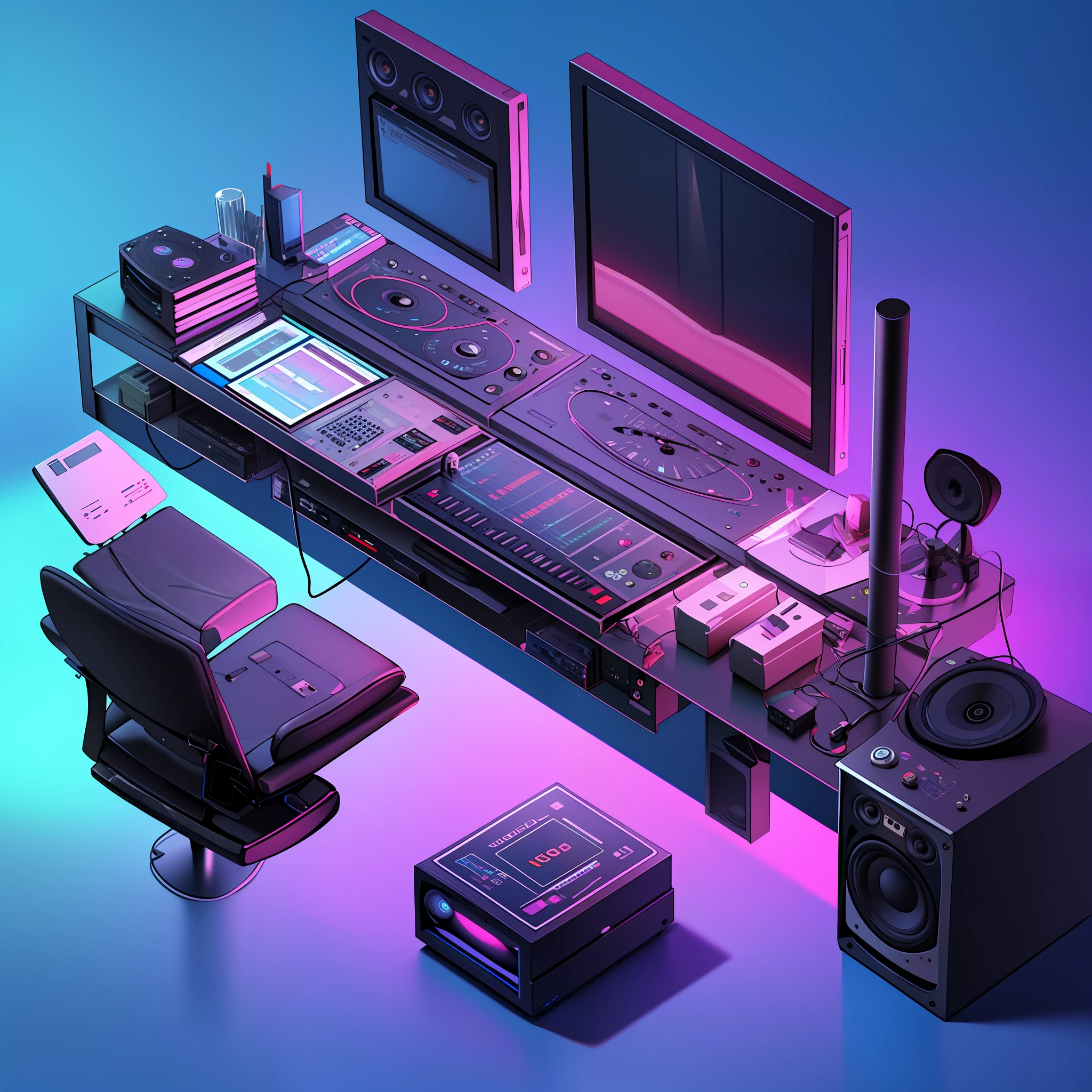 Isometric Music producers computer desk, massive speaker system, studio Monitors, DJ turn table,  monitors, marijuana bong, soft light lamp, cinematic, raytracing, modeling, octane render,unreal render,behance,best quality, 8k,