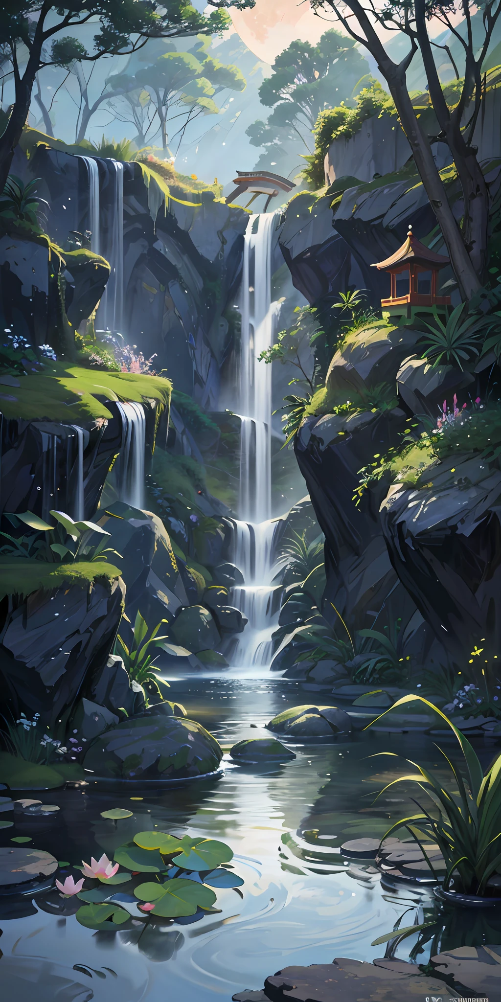 Ancient Chinese architecture, garden, bamboo, lake, stone bridge, rockery, arch, corner, rockery, tree, flowing water, landscape, outdoor, waterfall, meadow, rock, water lily, stream, lotus, moon, night view, hot springs, water vapor, (illustration: 1.0), epic composition, realistic lighting, high-definition detail, masterpiece, best quality, (very detailed CG unified 8k wallpaper), (best quality)