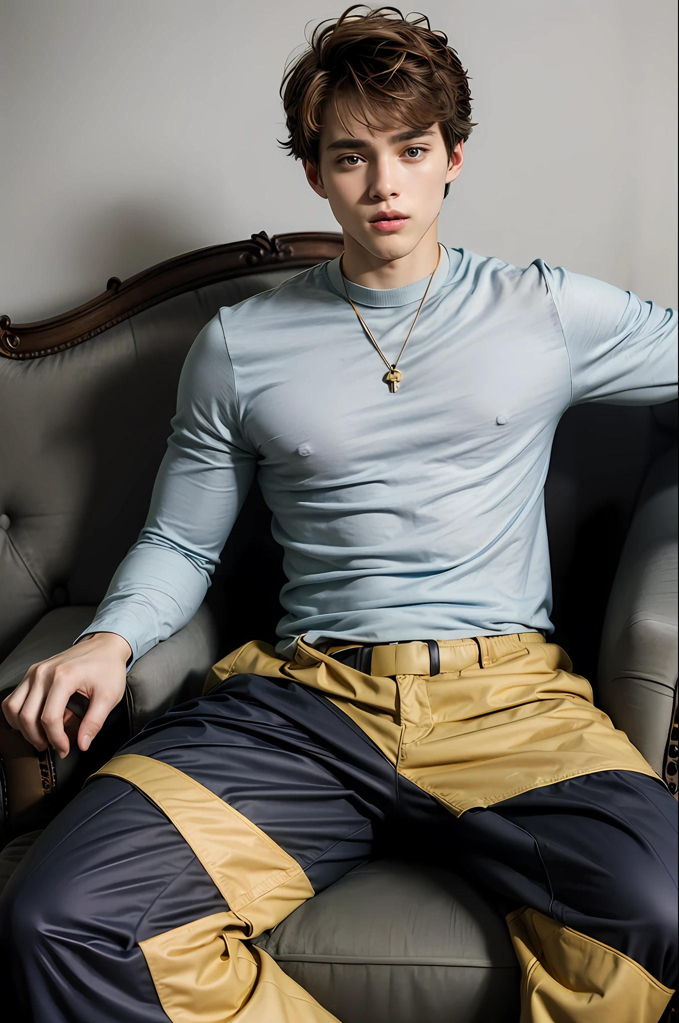 (masterpiece: 1.3), (best quality: 1.2), 8k, absurd, (extremely detailed: 1.3), highestres, (1boy: 1.2), portrait,
, shirt, messy black hair, full body, sitting, sofa, no looking at the camera, green eyes