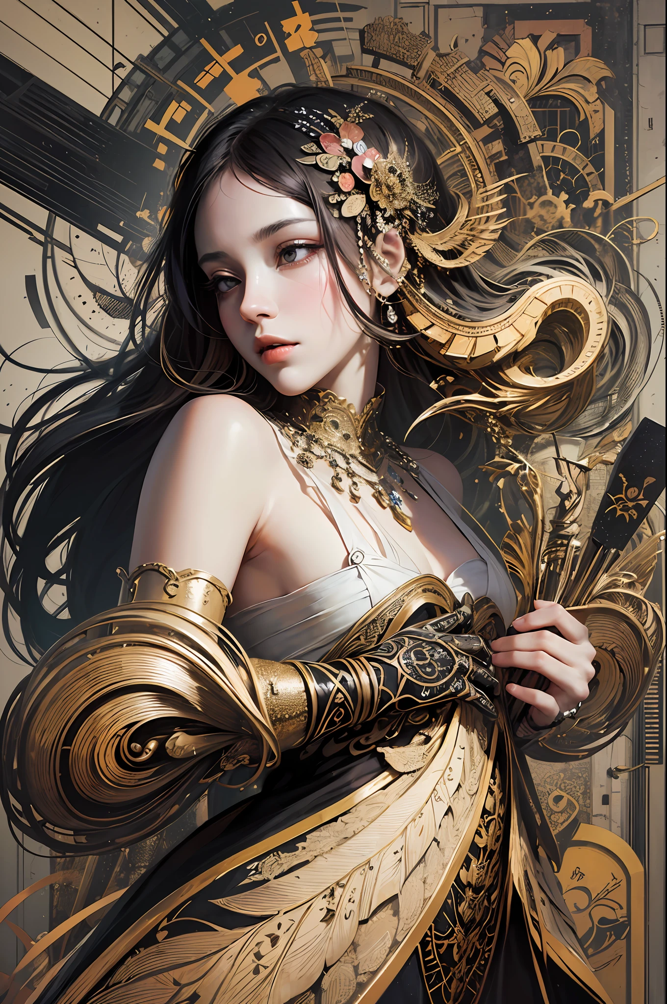 official art, unity 8k wallpaper, ultra detailed, beautiful and aesthetic, masterpiece, best quality, (zentangle, mandala, tangle, entangle), (fractal art:1.3) , 1girl, extremely detailed, dynamic angle, cowboyshot, the most beautiful form of chaos, elegant, a brutalist designed, vivid colours, romanticism, by james jean, roby dwi antono, ross tran, francis bacon, michal mraz, adrian ghenie, petra cortright, gerhard richter, takato yamamoto, ashley wood, atmospheric, ecstasy of musical notes, streaming musical notes visible