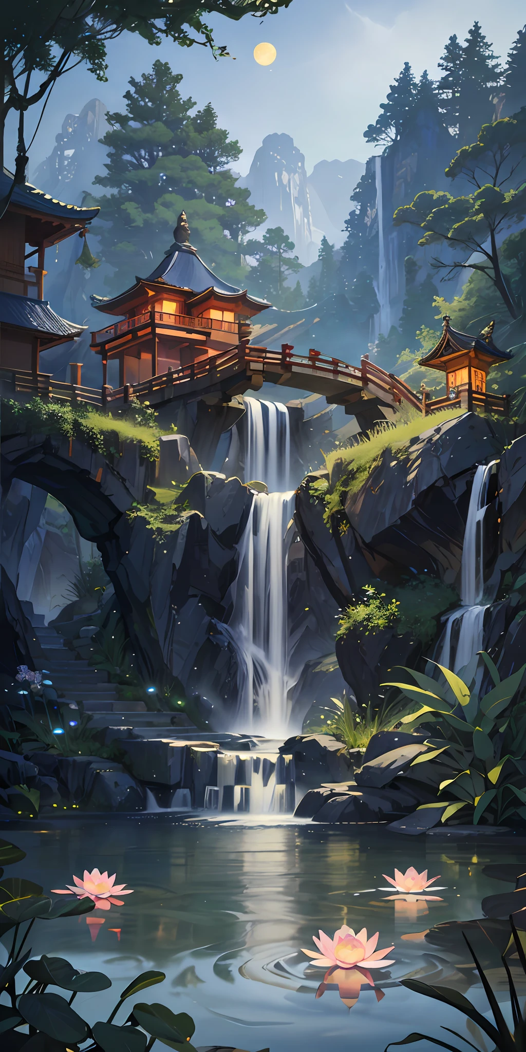 Ancient Chinese architecture, garden, bamboo, lake, stone bridge, rockery, arch, corner, rockery, tree, flowing water, landscape, outdoor, waterfall, meadow, rock, water lily, stream, lotus, moon, night view, hot springs, water vapor, (illustration: 1.0), epic composition, realistic lighting, high-definition detail, masterpiece, best quality, (very detailed CG unified 8k wallpaper), (best quality)