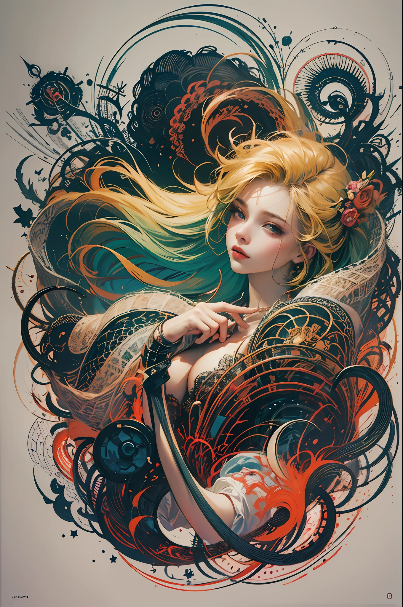 official art, unity 8k wallpaper, ultra detailed, beautiful and aesthetic, masterpiece, best quality, (zentangle, mandala, tangle, entangle), (fractal art:1.3) , 1girl, extremely detailed, dynamic angle, cowboyshot, the most beautiful form of chaos, elegant, a brutalist designed, vivid colours, romanticism, by james jean, roby dwi antono, ross tran, francis bacon, michal mraz, adrian ghenie, petra cortright, gerhard richter, takato yamamoto, ashley wood, atmospheric, ??????? of musical notes, streaming musical notes visible