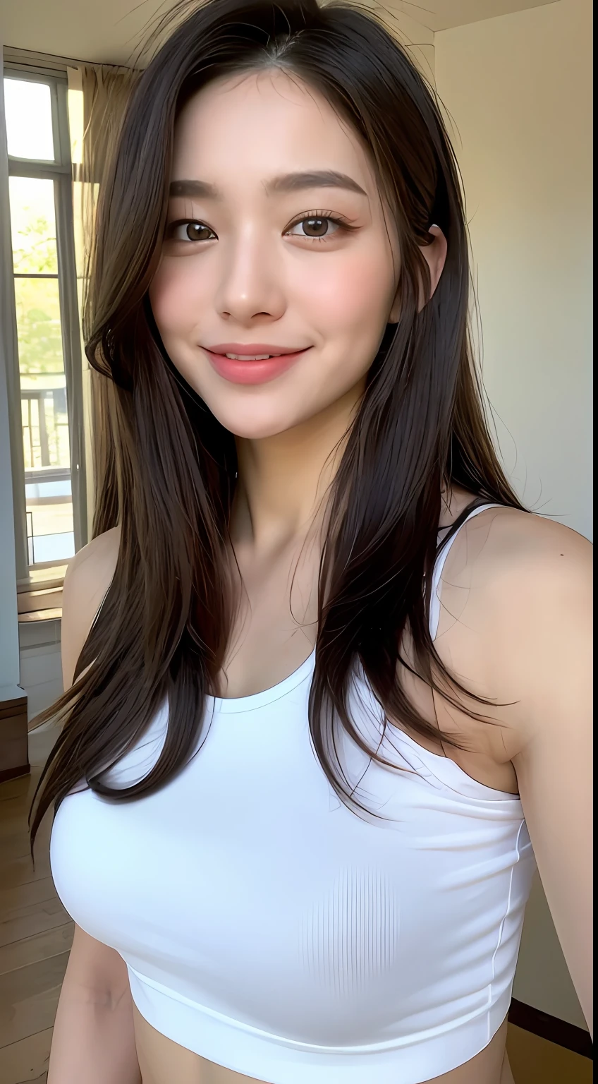 ((Best quality, 8k, Masterpiece :1.3)), 1girl, beautiful woman with emphasis on plump abs: 1.3, full body, (long hair, big breasts: 1.2), oversized tank top: 1.2, ultra-delicate face, delicate eyes, double eyelids, smile, home, random color clothes