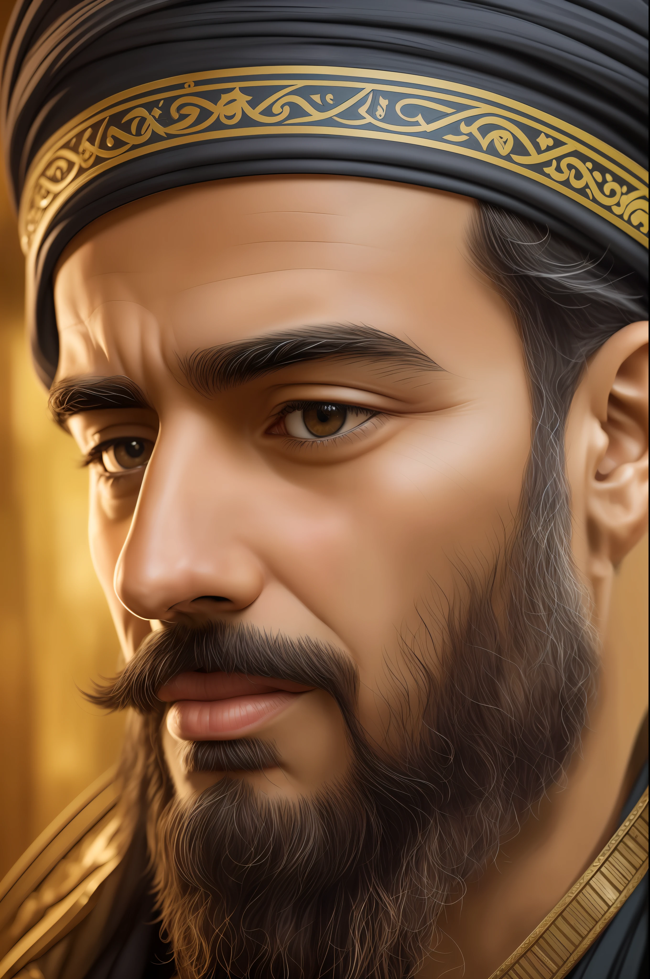 Certainly! Here's a regenerated prompt with more facial details: Create a stunningly realistic portrait of the caliphate Harun al-Rashid, the fifth Abbasid Caliph who ruled the Islamic world during the golden age of Islam. The portrait is to be rendered in ultra-high-definition 4K resolution with 45 megapixels, in a Realism Art style that is highly detailed and realistic. Harun al-Rashid's face is the focal point of the portrait, with every feature rendered with exquisite precision. His dark, almond-shaped eyes are piercing and intense, and the intricate details around his irises and pupils are captured in stunning detail. His thick eyebrows are furrowed in concentration, giving him a contemplative and wise expression. The caliph's prominent nose is perfectly shaped, with a slight curve that accentuates his facial symmetry. His thick beard is neatly trimmed and frames his square jawline, adding to the regal quality of the portrait. The texture and detail of his skin are rendered with hyper-realistic precision, capturing every crease and wrinkle that gives his face character and depth. The background of the portrait is a bustling cityscape of Baghdad, the capital of the Islamic empire during Harun al-Rashid's reign. The buildings and structures are rendered in highly-detailed, lifelike fashion, capturing the architectural beauty of the era. The lighting in the image is warm and inviting, casting a soft glow over the caliph's face and adding depth and dimension to the overall composition. The end result is a portrait that is both breathtakingly beautiful and historically accurate, capturing the essence of one of the most iconic figures of Islamic history.