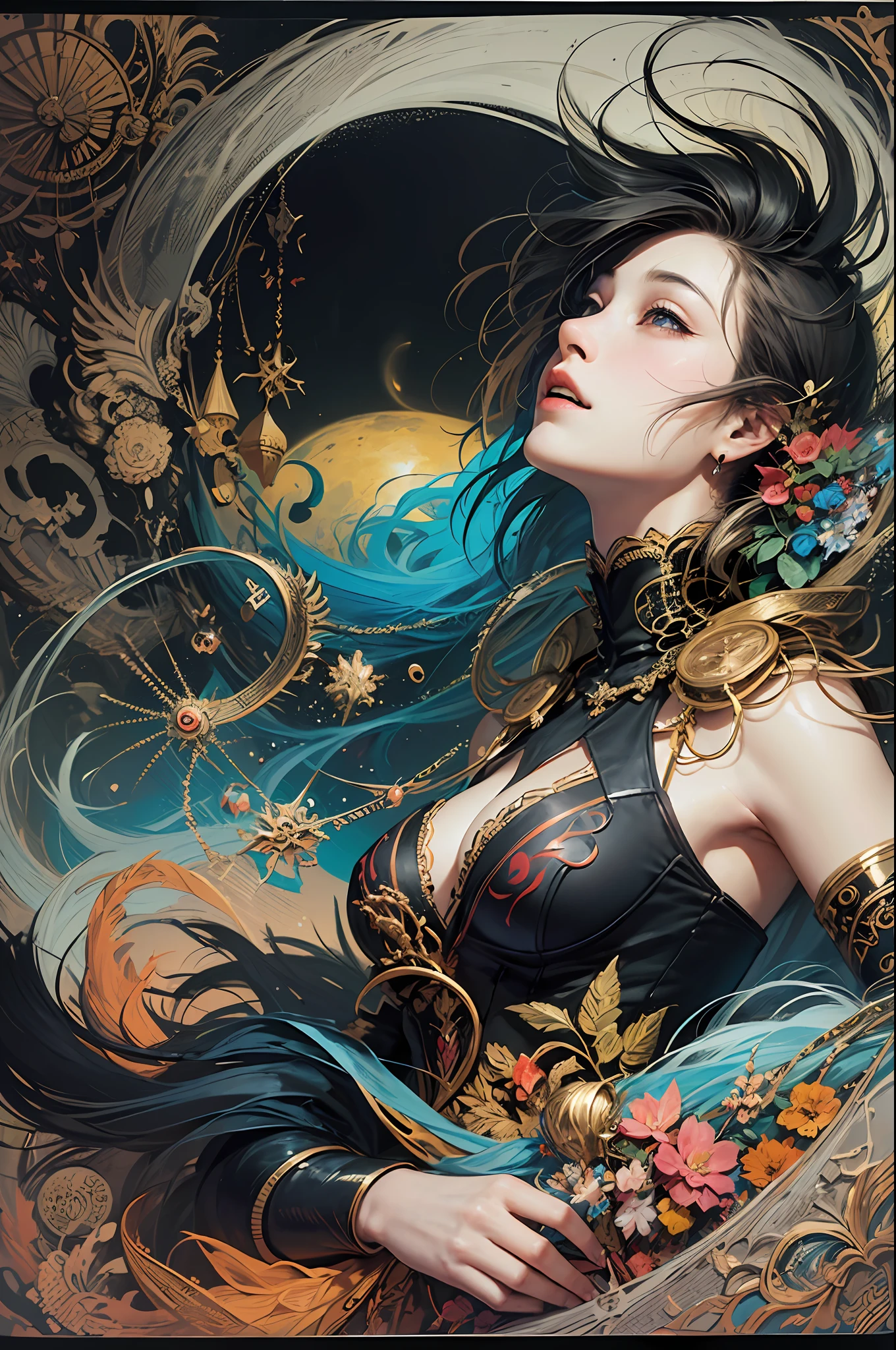 official art, unity 8k wallpaper, ultra detailed, beautiful and aesthetic, masterpiece, best quality, (zentangle, mandala, tangle, entangle), (fractal art:1.3) , 1girl, extremely detailed, dynamic angle, cowboyshot, the most beautiful form of chaos, elegant, a brutalist designed, vivid colours, romanticism, by james jean, roby dwi antono, ross tran, francis bacon, michal mraz, adrian ghenie, petra cortright, gerhard richter, takato yamamoto, ashley wood, atmospheric, ecstasy of musical notes, streaming musical notes visible