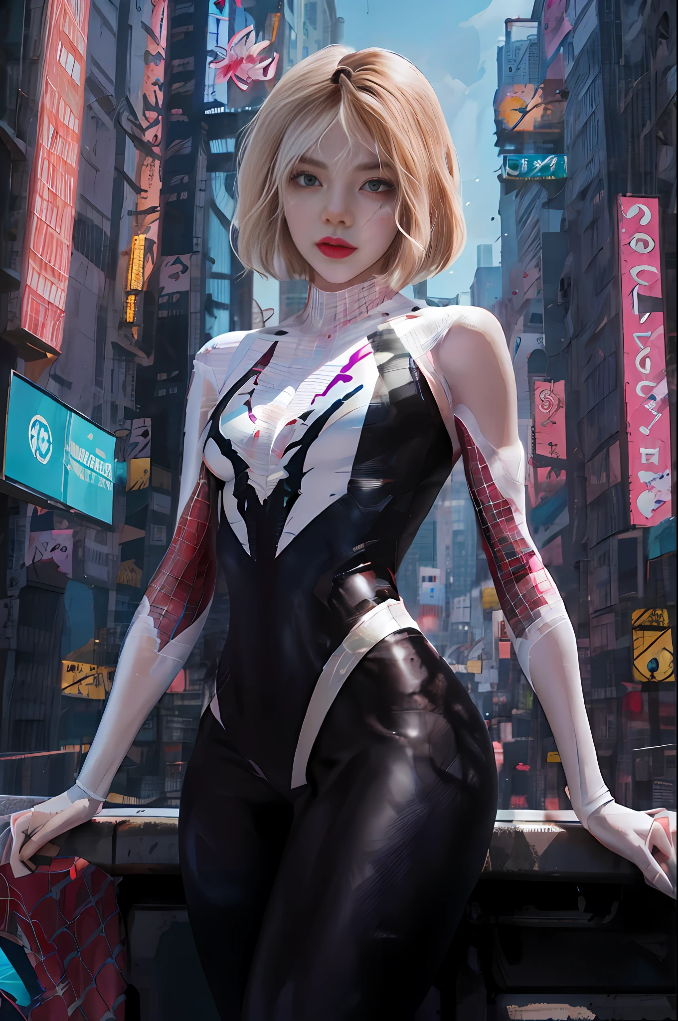 Spider - Woman in black and white suit standing on windowsill of the city, Spider Gwen, Spider - Gwen, Spider Gwen, Gwen Stacy