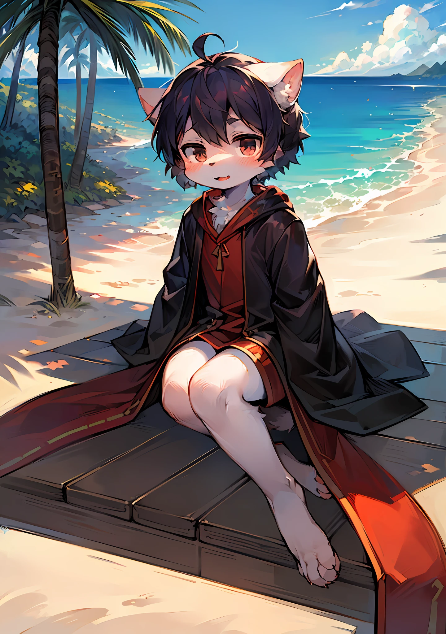 (Bright Environment: 0.8), Masterpiece, High Quality, Abstract Res, Digital Painting\(Artwork\), by Dagasi, Yupa, Kiyosan, (Anthro, Fluffy Fur, Character Focus: 1.1), Anthro Male Cat, Short Hair, Portrait , bright eyes, panorama, character focus. (Background: 0.7), Furry, Furry Male, Male Focus, Anthr, (Full Body Fur, Fluffy Tail, Off-White Fur, Black Eyes, No Hair: 1.2), (Long Canids, Junior High School Students, Robe: 1.2), (Beach, Bright Outdoor, Long Knives: 1.1)