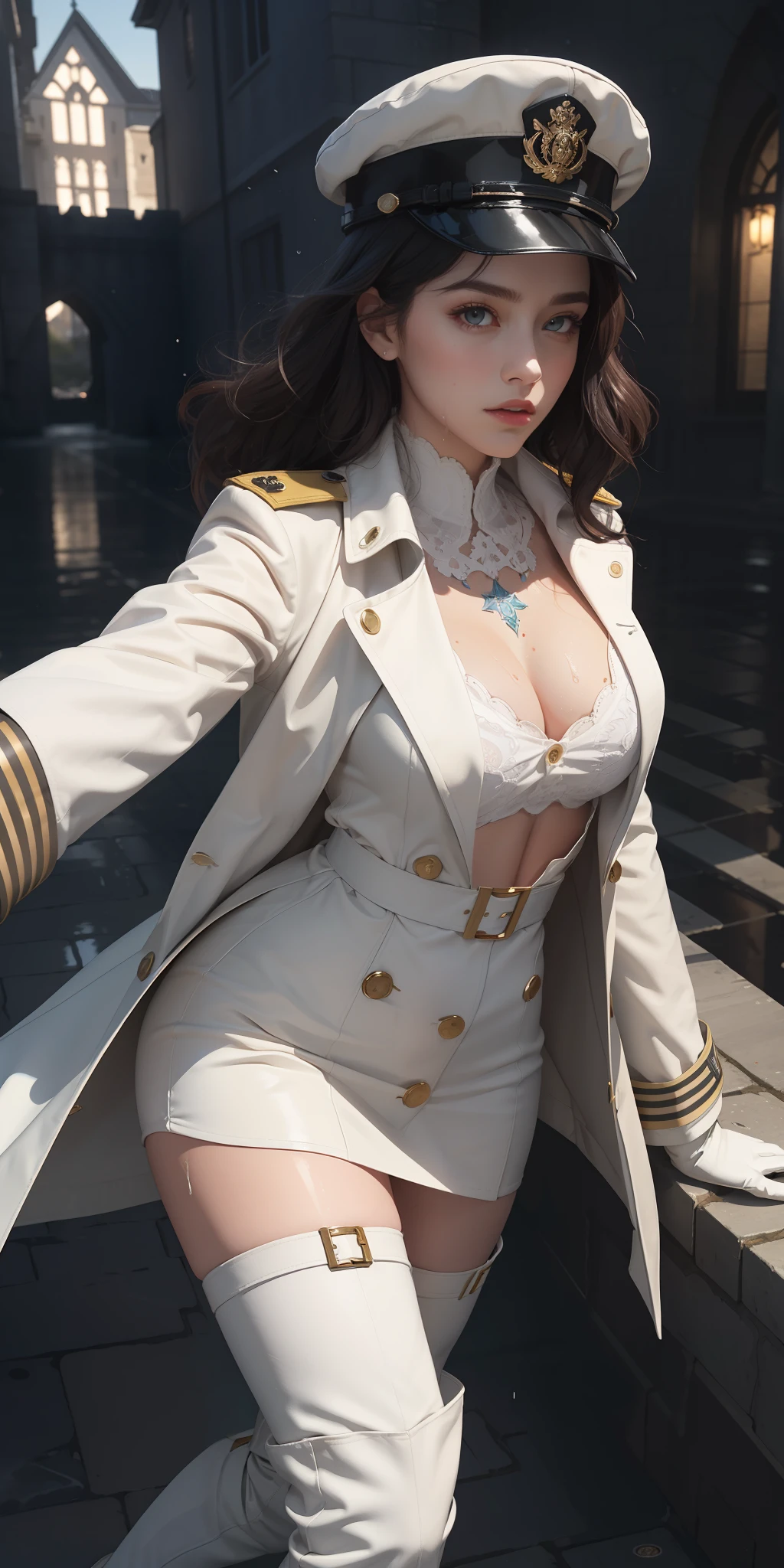 Very detailed CG, 1 girl, red face, slightly open lips, wet body, full and symmetrical breasts, raised buttocks, tight white long trench coat, trench coat length to knees, two breasts of buttons, trench coat completely covering the body, white military cap, white gloves, white long tube knee boots, wavy curls, tattoo, chest bump close-up, buttocks close-up, multiple angles, black sky, gloomy castle, dynamic angle, flowing, 8k wallpaper, masterpiece, best quality, super detailed, best lighting, best shadows