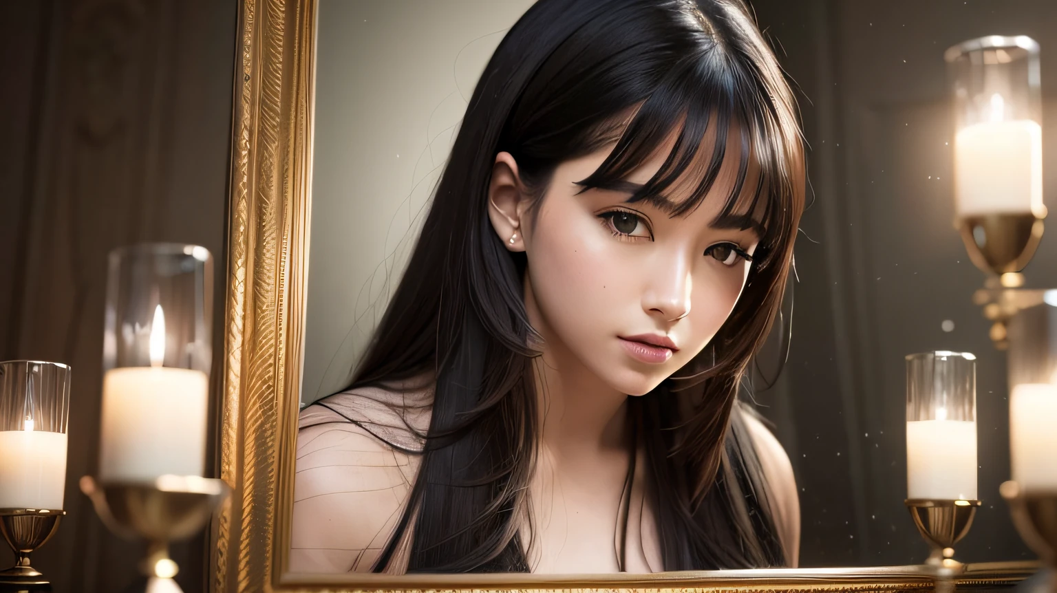 Masterpiece, best quality, (dark photo: 1.3), photorealistic, 1girl, flat bangs, nice innocent symmetrical face, shirt, emotional, ulzzang, (PureErosFace_V1:0.7)