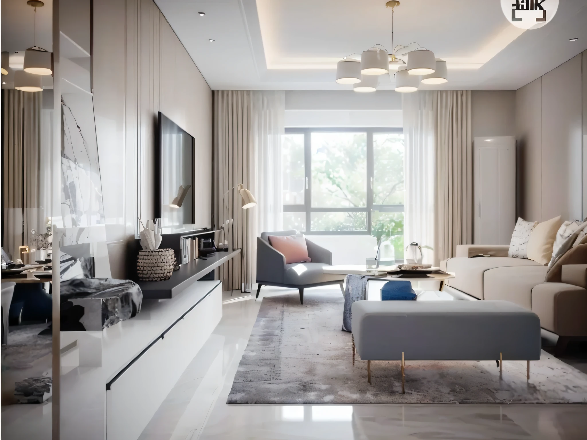 there is a living room with a couch, chair, coffee table and television, high-quality render, excellent 3d render, highly detailed interior, popular interior design style, very realistic 3 d render, realistic 3 d style, realistic 8k render, high quality 3 d render, high quality 3d render, vray 8k render, 8k vray render