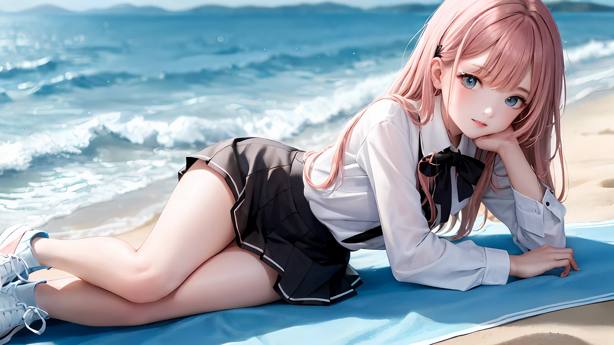 1girl, (masterpiece:1.1), (best quality:1.1), (white blouse:1.1), BREAK [blue:pink:0.5] theme, cowboy shot, full body, sideways view, looking at the audience, break pink hair, long hair, delicate facial features, blue eyes, white flowers on the head, white blouse, black miniskirt, white sneakers, lying on your side, beach, selling cute
