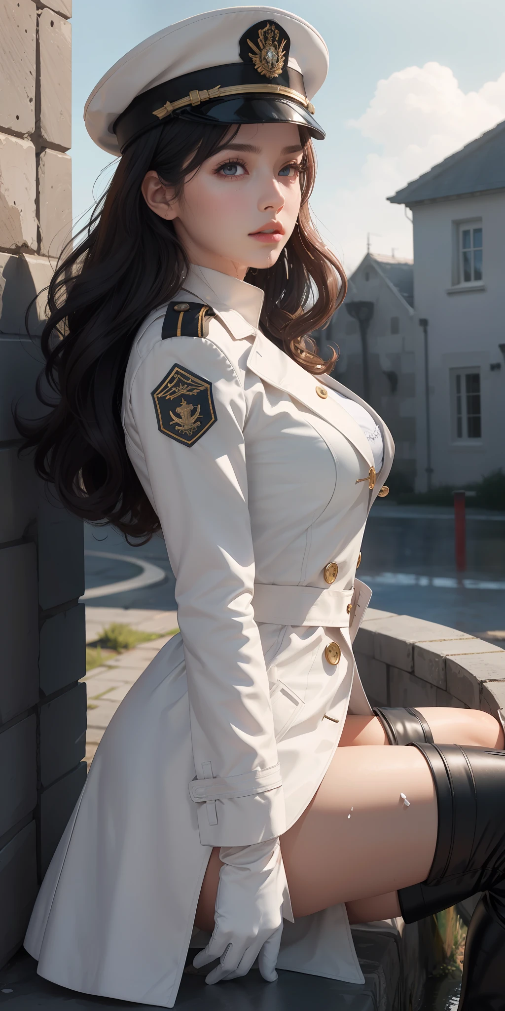 Very detailed CG, 1 girl, red face, slightly open lips, wet body, full and symmetrical breasts, raised buttocks, tight white long trench coat, trench coat length to knees, two breasts of buttons, trench coat completely covering the body, white military cap, white gloves, white long tube knee boots, wavy curls, tattoo, chest bump close-up, buttocks close-up, multiple angles, black sky, gloomy castle, dynamic angle, flowing, 8k wallpaper, masterpiece, best quality, super detailed, best lighting, best shadows