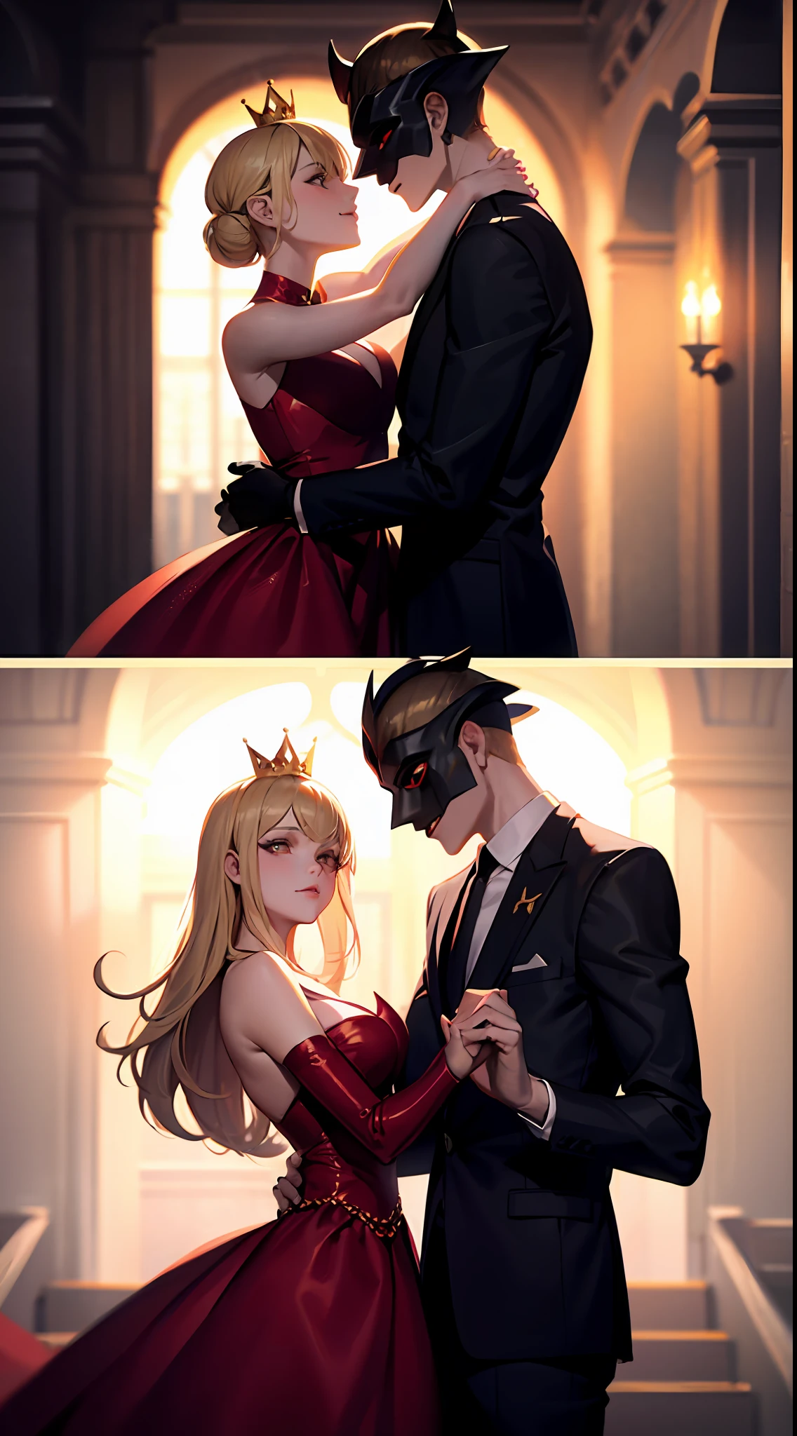 Queen, blonde, dance, ball, masked man ((white mask)), king ((demon)), dancing, couple, red dress, king (brown hair)).