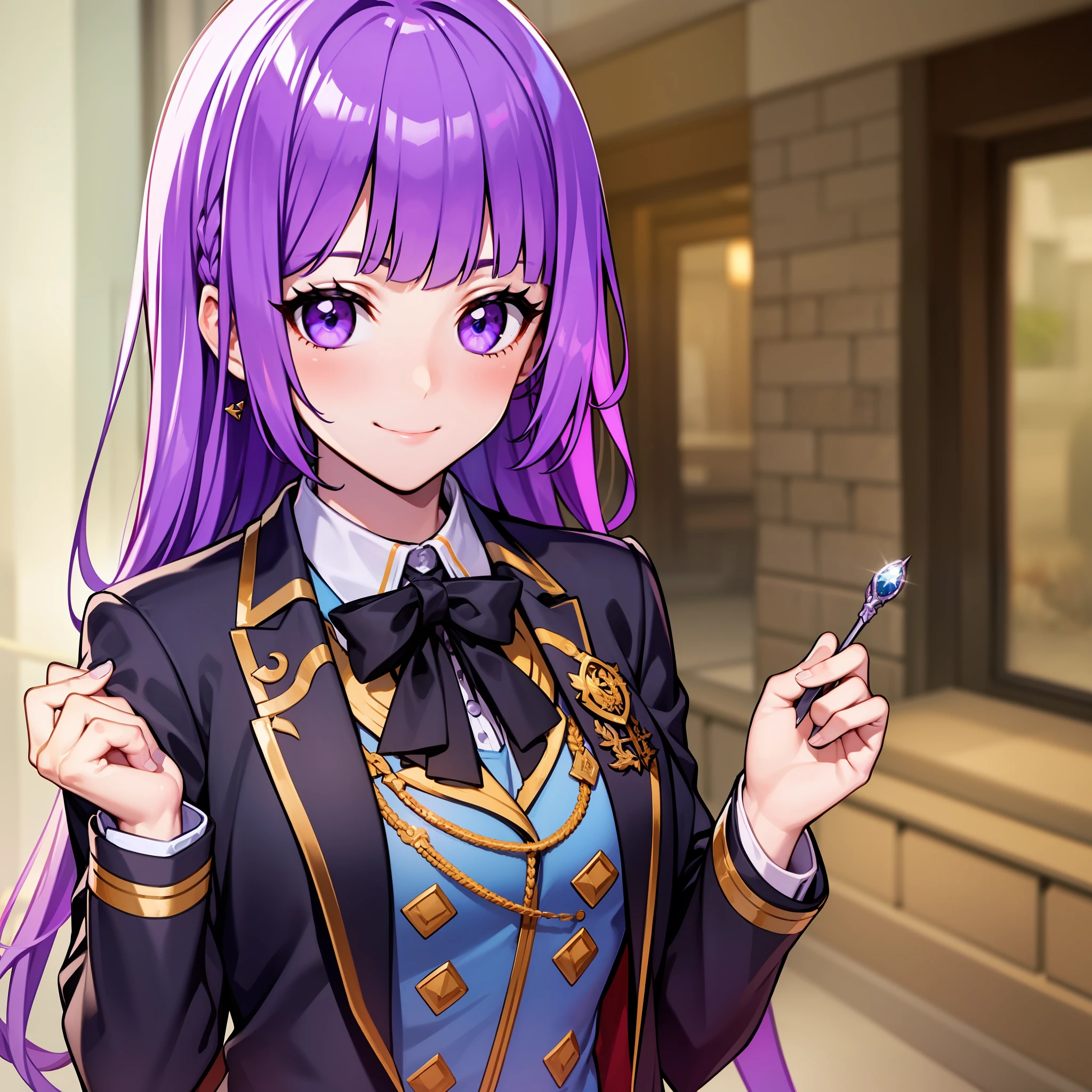 blazer uniform, standing, purple hair, 1 girl, 8k, white shirt, black jacket, look at the viewer, smile