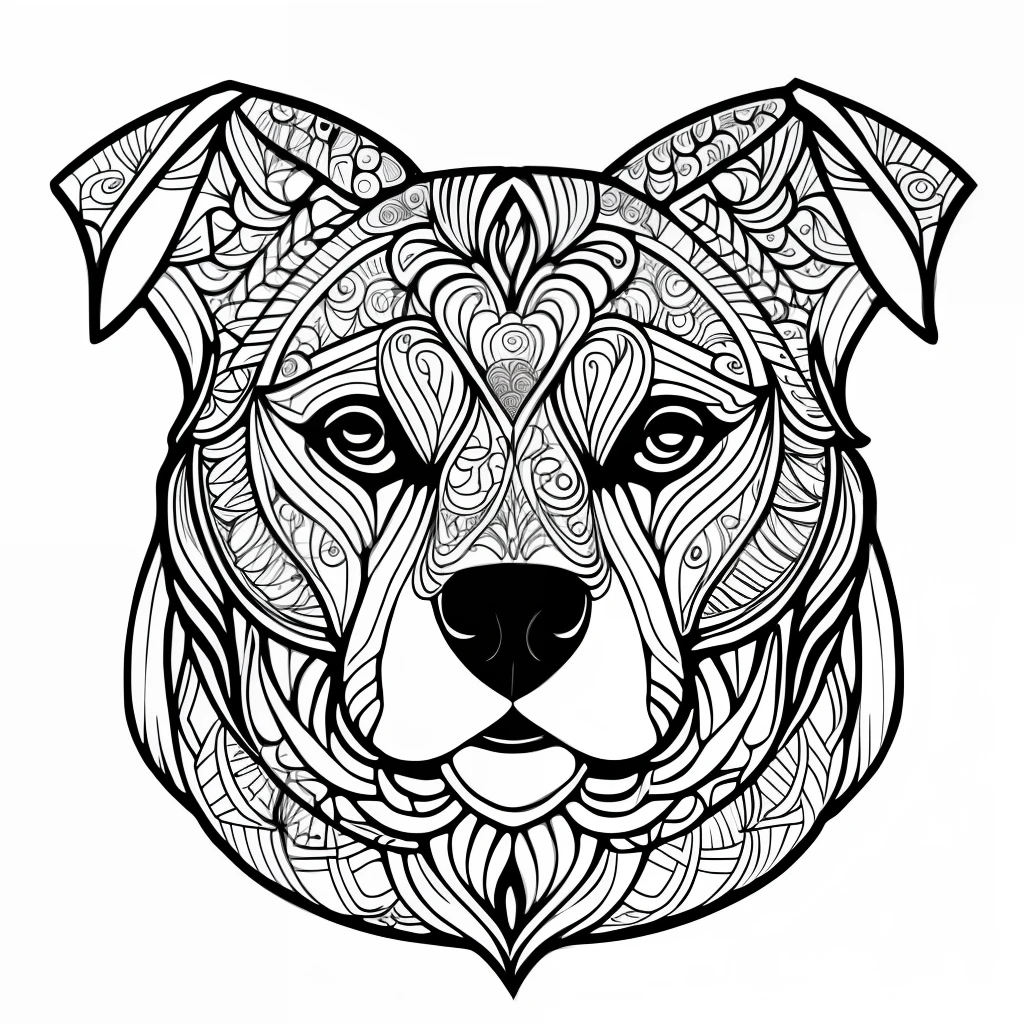 monochrome, adult coloring page, vectorization, mandala, dog image (American Staffordshire Terrier), white background, clean line art, fine line art