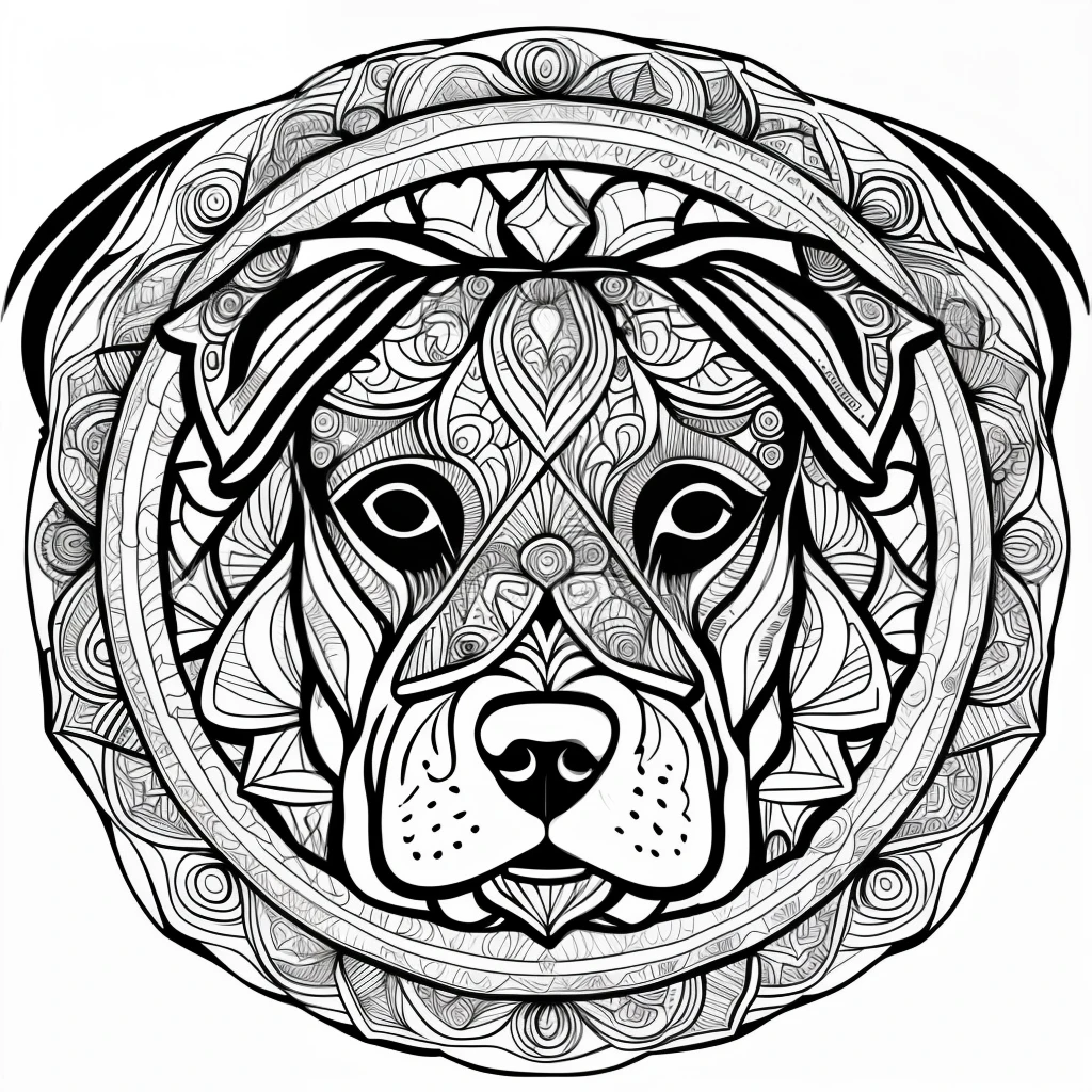 monochrome, adult coloring page, vectorization, mandala, dog image (American Staffordshire Terrier), white background, clean line art, fine line art