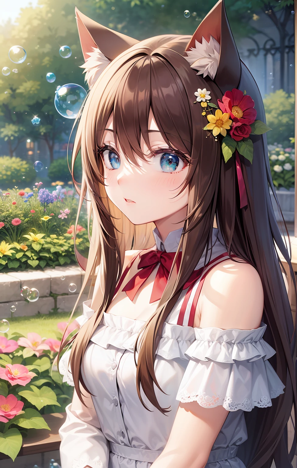 cat ears, cute, soap bubbles, flower garden