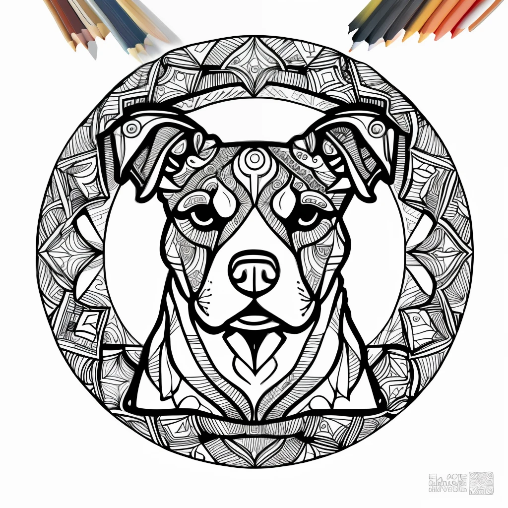 monochrome, adult coloring page, vectorization, mandala, dog image (American Staffordshire Terrier), white background, clean line art, fine line art