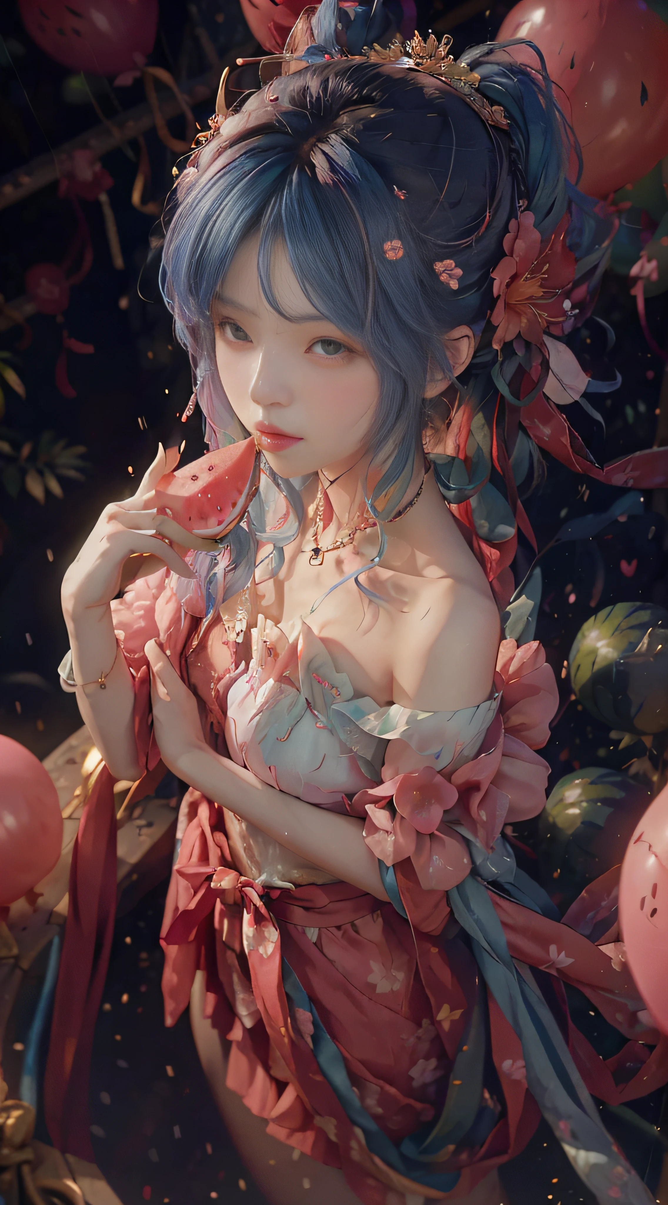 ((bath)), ((hips: 1.2)), ((from above)), ((bust photo)), ((head wearing flowers)), ((colored hair)), ((raining)), ((eating watermelon)), ((balloons)), ((dynamic angle)), (escort), outdoors, in tea tree fields, bare shoulders, windy, pink clothes