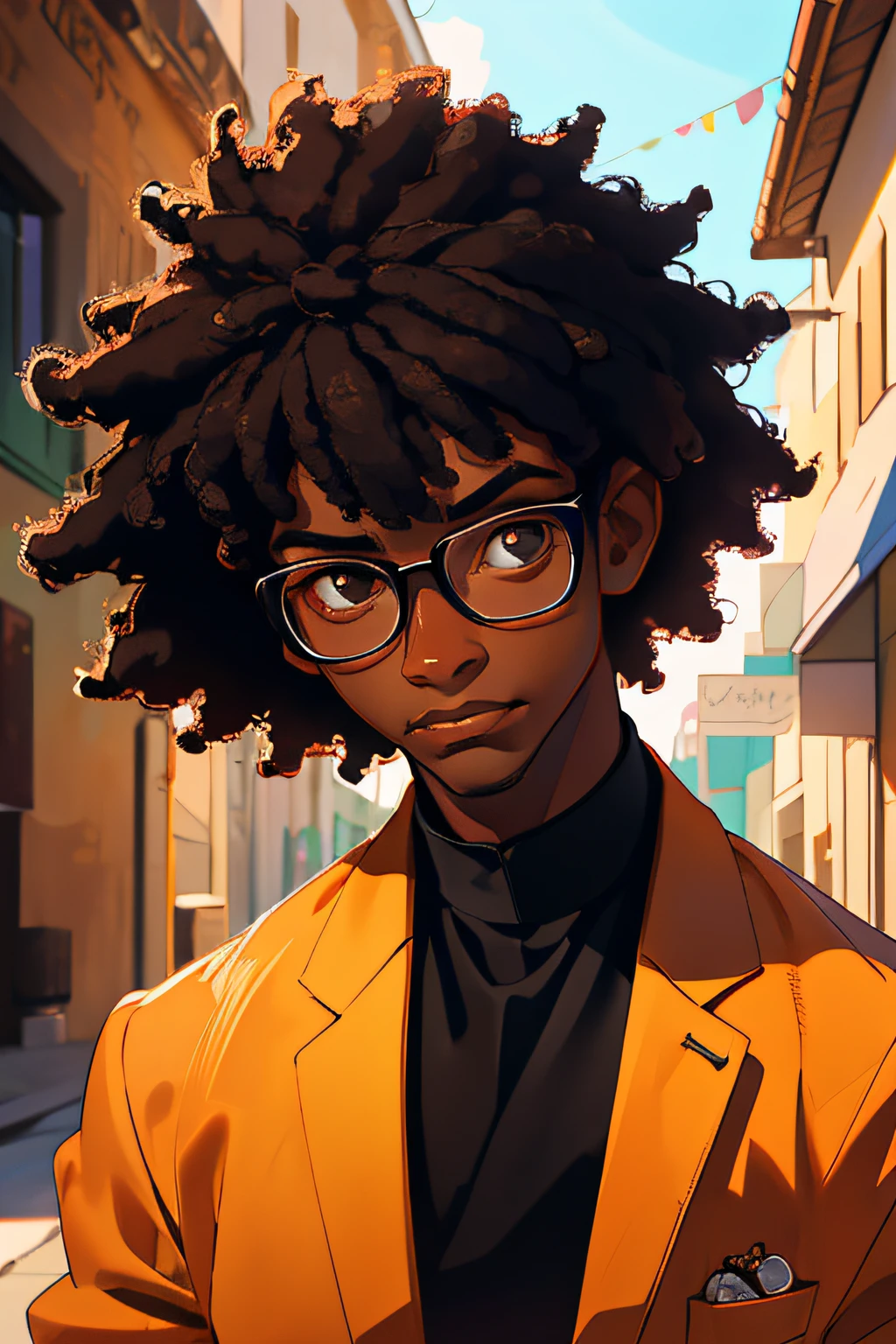 "(masterpiece, best quality), 1boy, afro hair, looking at the viewer, half body, rosary, wearing glasses, black shirt, dark skin, black hair, sunlight,".