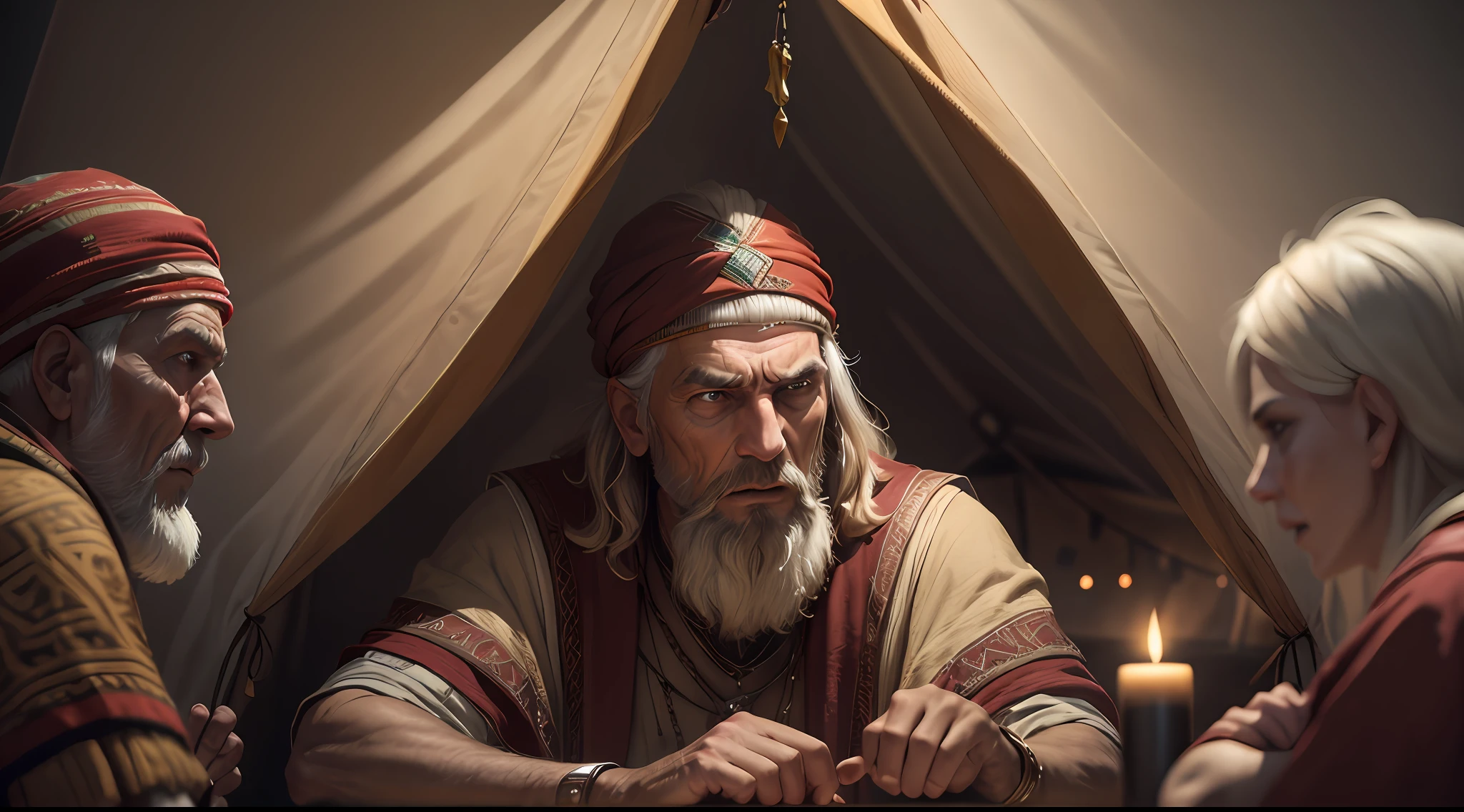 Canaanite leader, tent interior, flanked by two councillors, angry, banging his closed fist on the table, intense facial expressions, soft lighting, warm colors, tent details and decoration, 8k, HDR