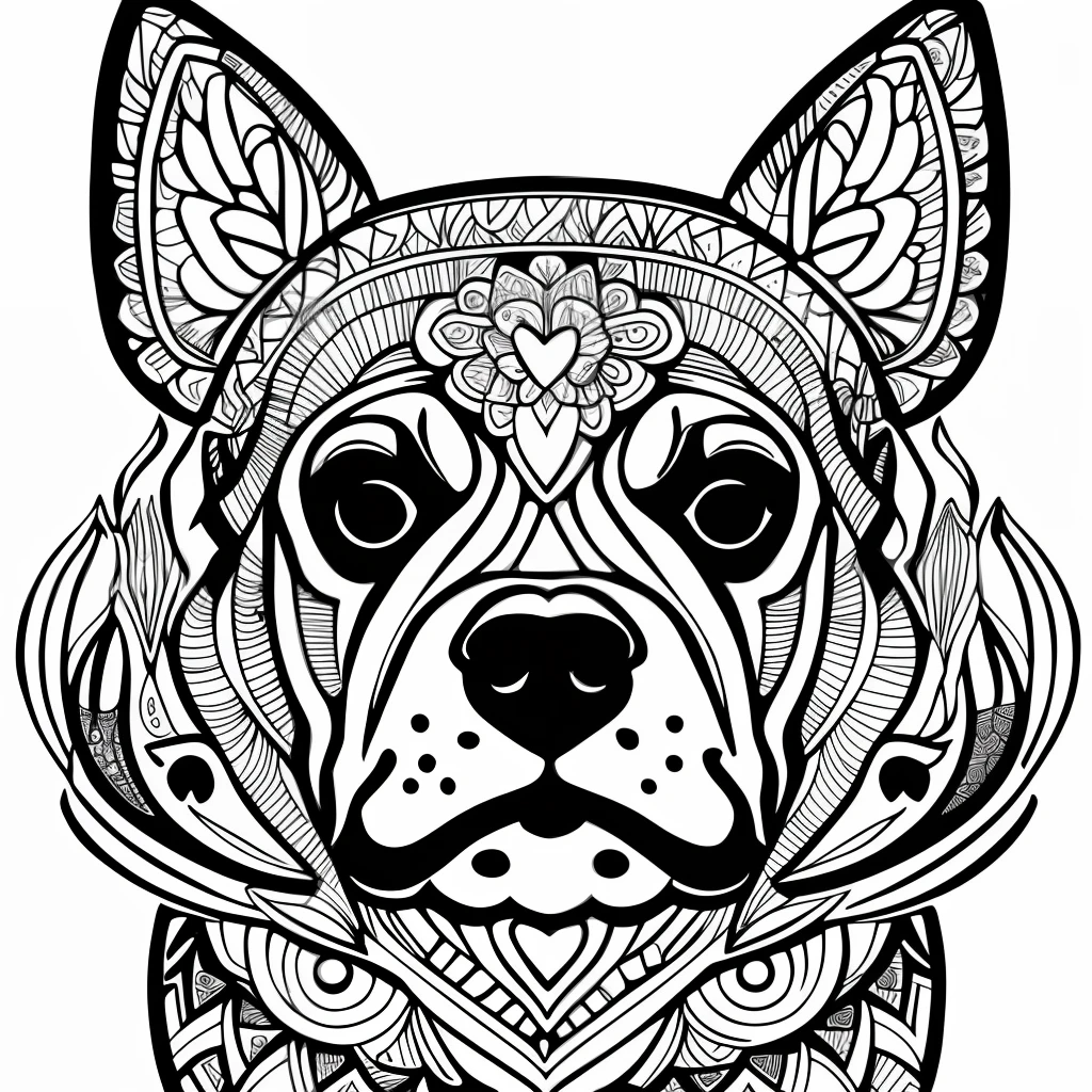monochrome, adult coloring page, vectorization, mandala, dog image (Bulldog), white background, clean line art, fine line art