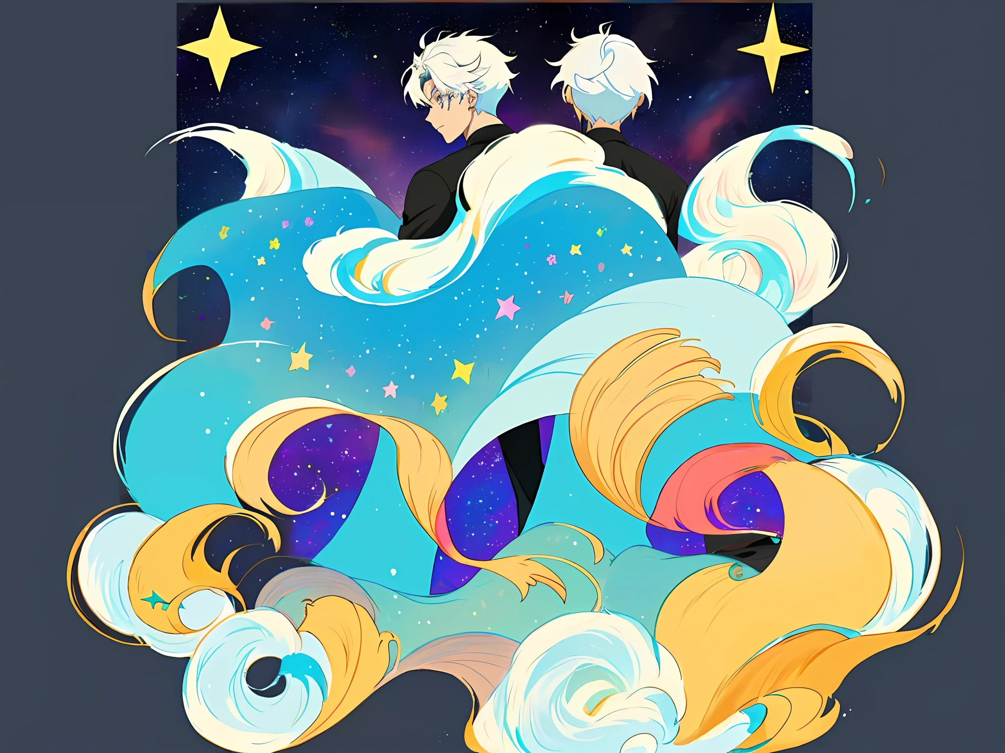 ((masterpiece)), ((best quality))), (character design sheet, same character, front, side, back), Illustration, 1 boy, hair color, white hair, hairstyle fax, eyes, environment change, hairstyle fax, pose kota, male, shirt shangyi, stars, charturnbetalora, (simple background, white background: 1.3) ,--6