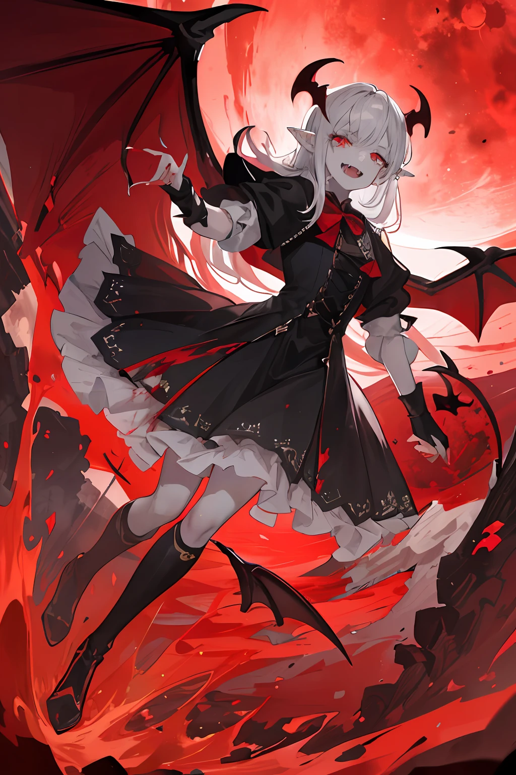 (Masterpieces: 1.2, best quality), (best lighting, very delicate and beautiful), (best lighting, very delicate and beautiful), (beautiful detailed face), (detailed eyes and detailed faces: 1.2), dark fantasy, vampires, (young girl, little beast, 1girl, solo, crazy smile, pale skin, gray hair, red glowing eyes, dynamic angles, dynamic poses, vampires, vampire fangs), (get vampire castle in the background), (red moon, red sky), pointy_ears, fangs, bat wings, demon horns, ((blood on the face))), blood rain, blood fog, (depth of field), high contrast, (blood splash: 1.4), cowboy shot, full body,