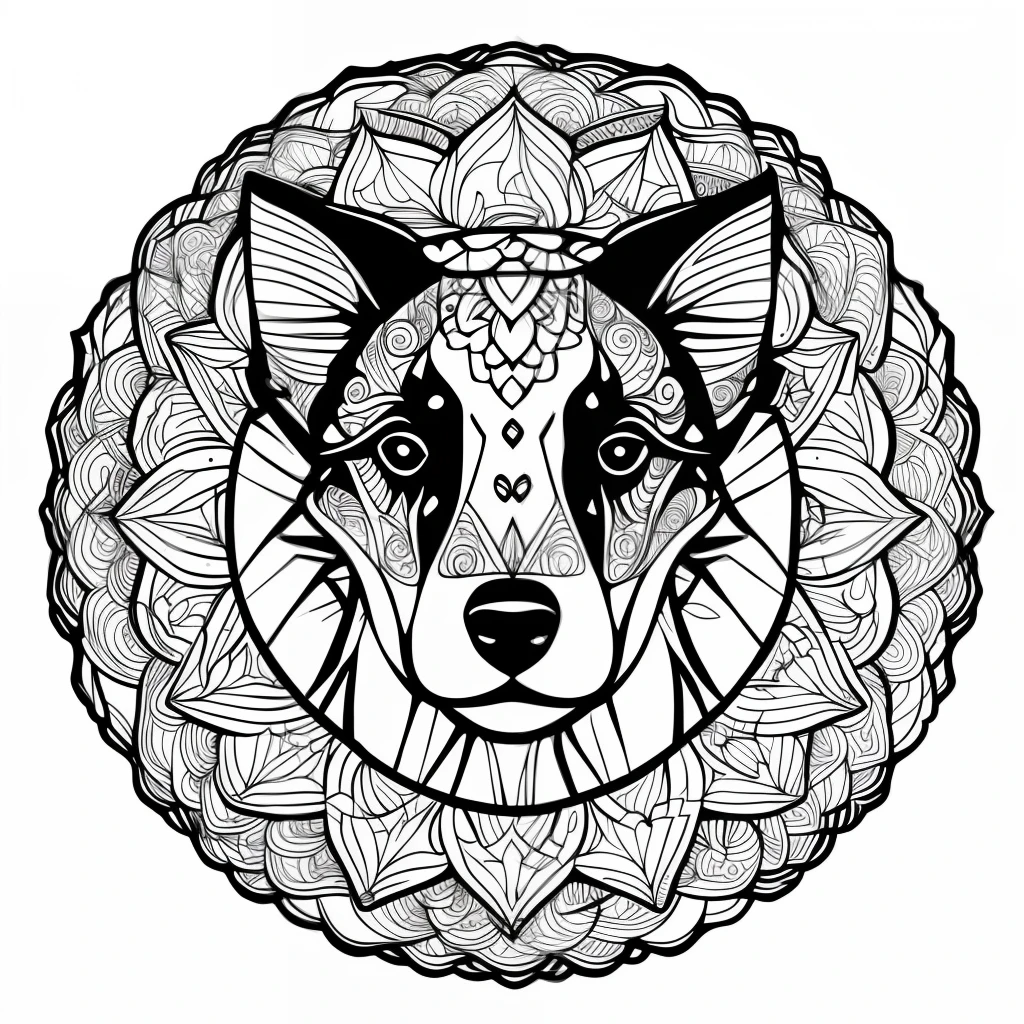 monochrome, adult coloring page, vectorization, mandala, dog image (dalmata), white background, clean line art, fine line art
