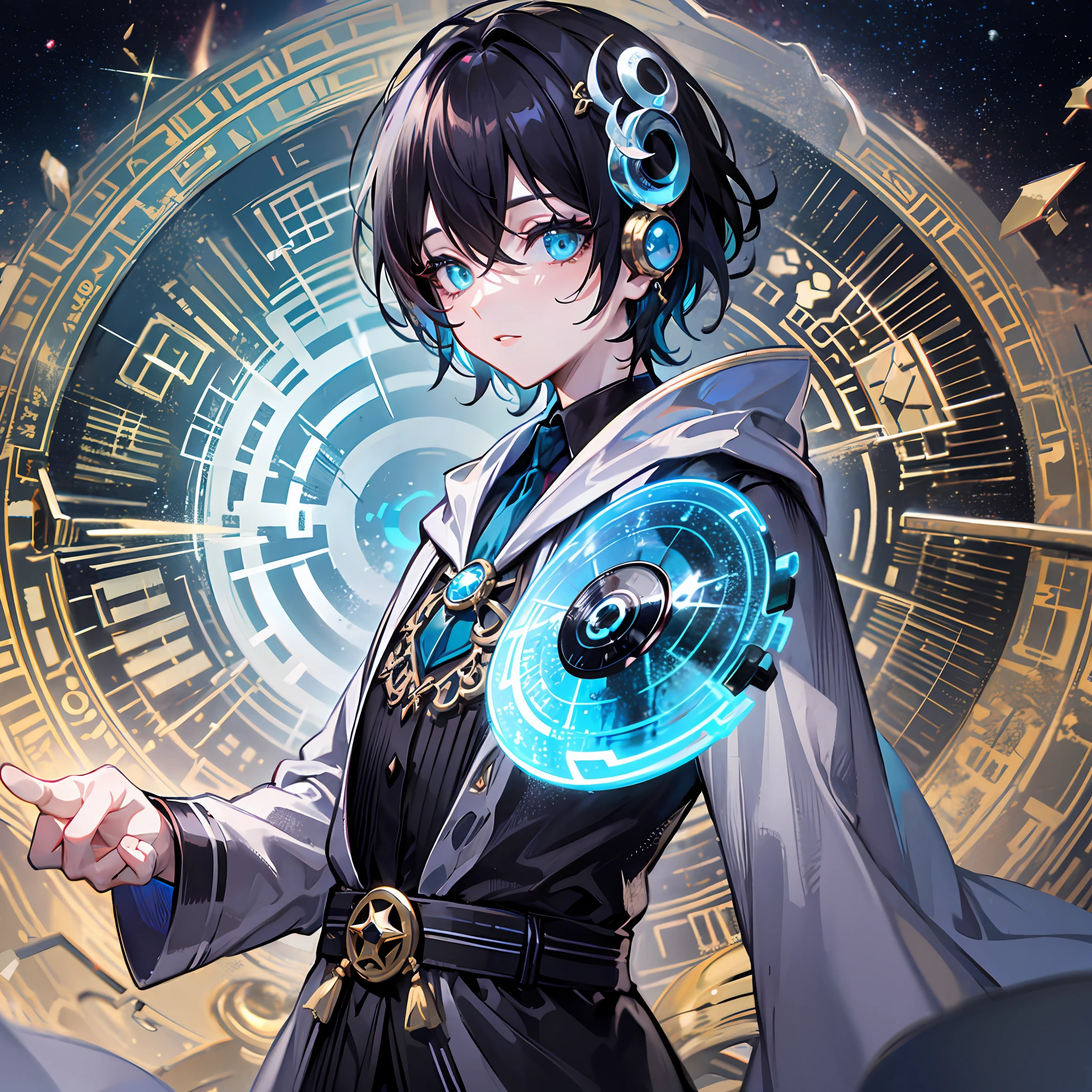((Black)) Fluffy short hair, cyan eyes, boy, cyan robe, god of time and space, silver-white magic light wheel, time and space elements, eye condensation, attention to detail, highest quality, short black hair