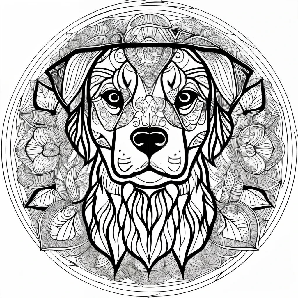 monochrome, adult coloring page, vectorization, mandala, dog image (dalmata), white background, clean line art, fine line art