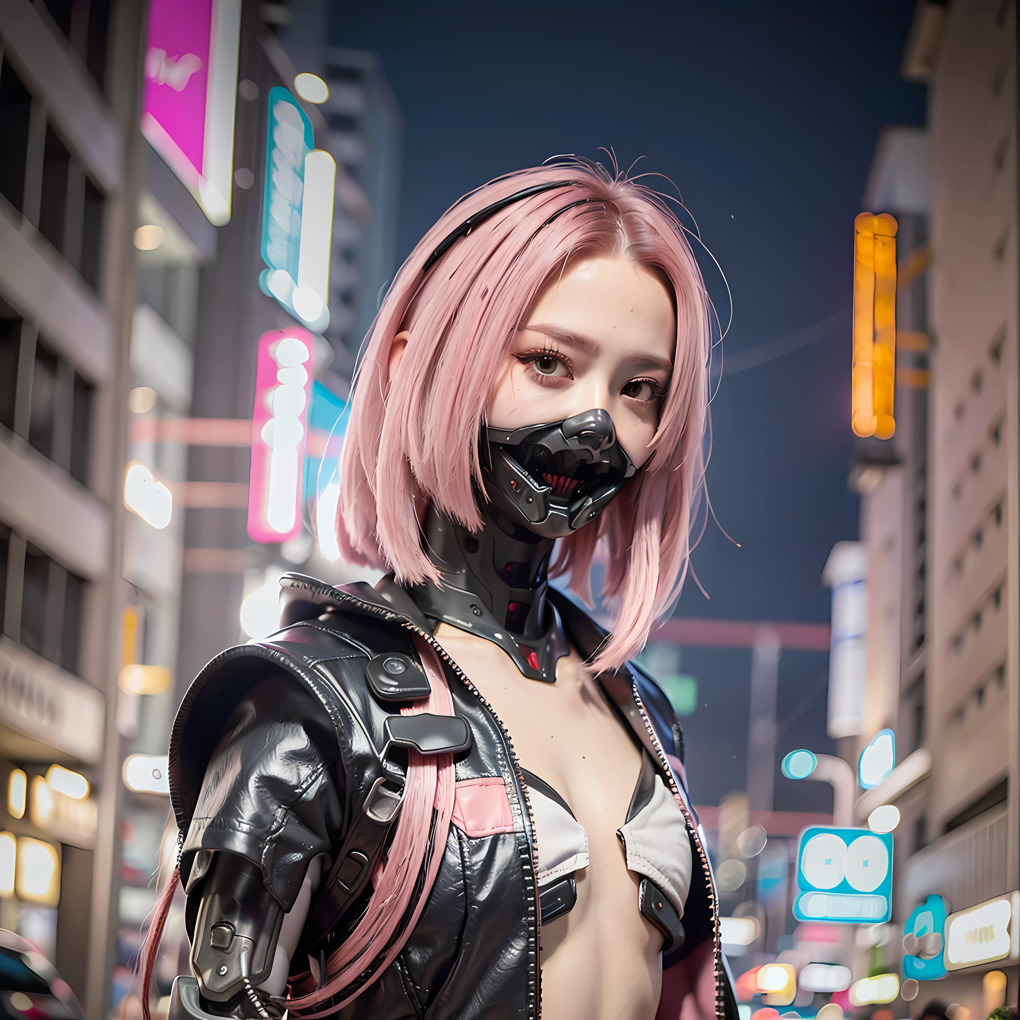 (Photorealistic:1.4), (Best Quality:1.0), (Ultra Resolution:1.0), (8K, RAW Photo), (Masterpiece:0.2), Portrait, Facial Focus,
(Cybernetic_Jawless), (mask), mechanical parts, cybernetics, 1 girl, asian girl, jacket, (long hair:1.5), (pink hair:1.5),
Cyberpunk Street background, (neon: 1.2),