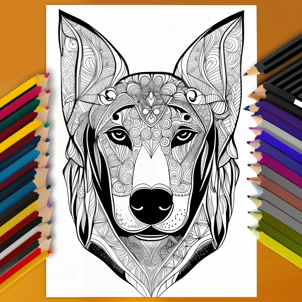monochrome, adult coloring page, vectorization, mandala, dog (doberman) image, white background, clean line art, fine line art
