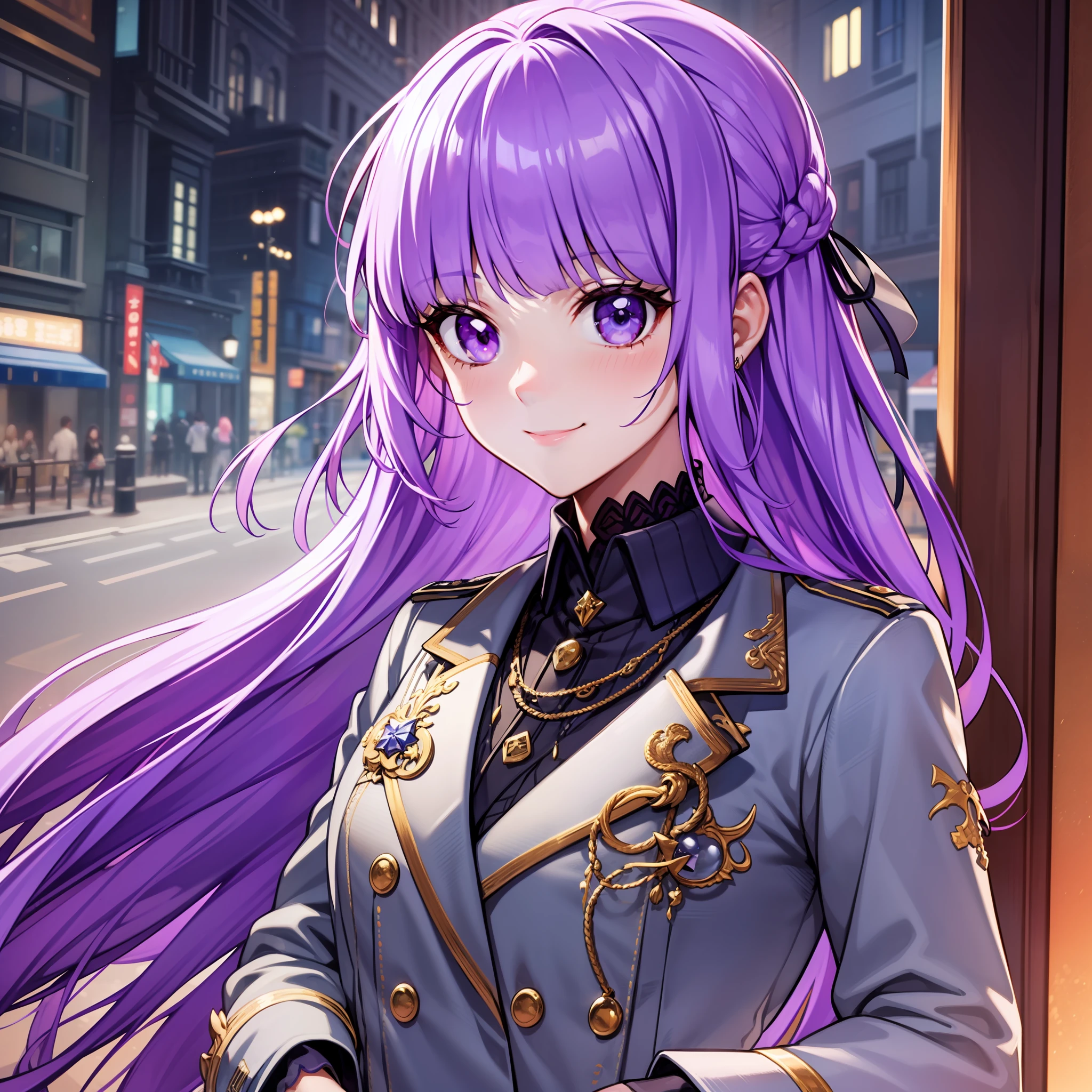 blazer uniform, standing, purple hair, 1 girl, 8k, white shirt, black jacket, look at the viewer, smile