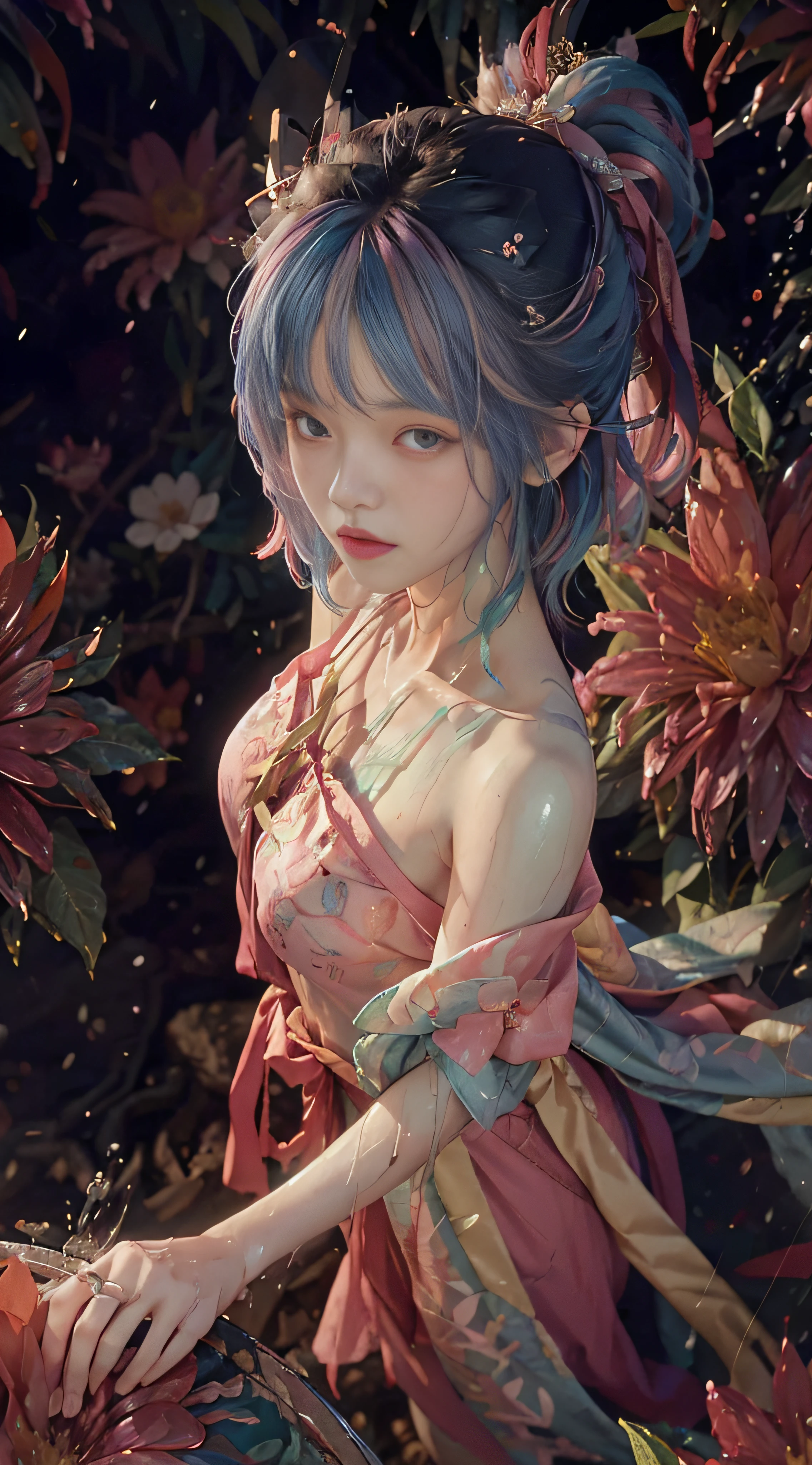 ((from above)), ((bust photo)), ((head wearing flowers)), ((colored hair)), ((raining)), ((clothes soaked)) (escort), outdoors, in tea tree fields, bare shoulders, windy, pink clothes