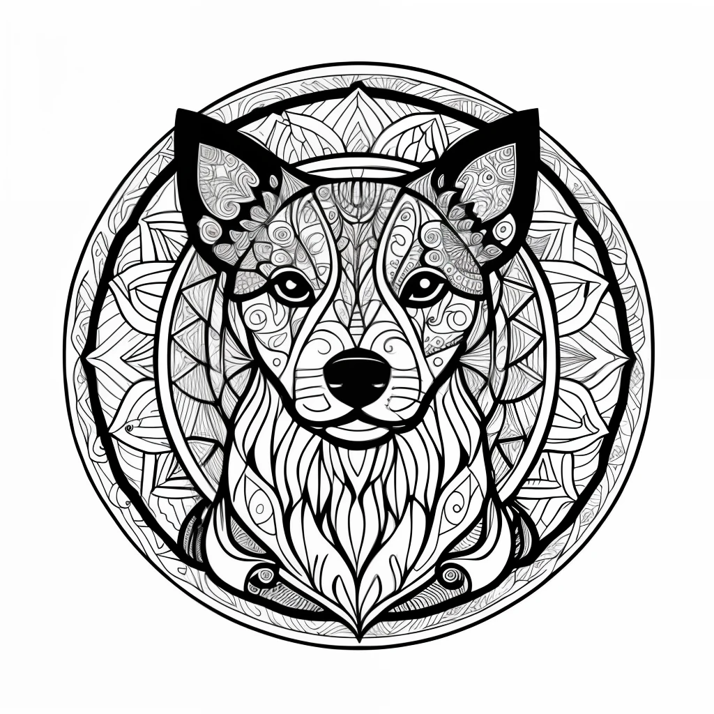 monochrome, adult coloring page, vectorization, mandala, image of dog (Australian Cattle Dog), white background, clean line art, fine line art