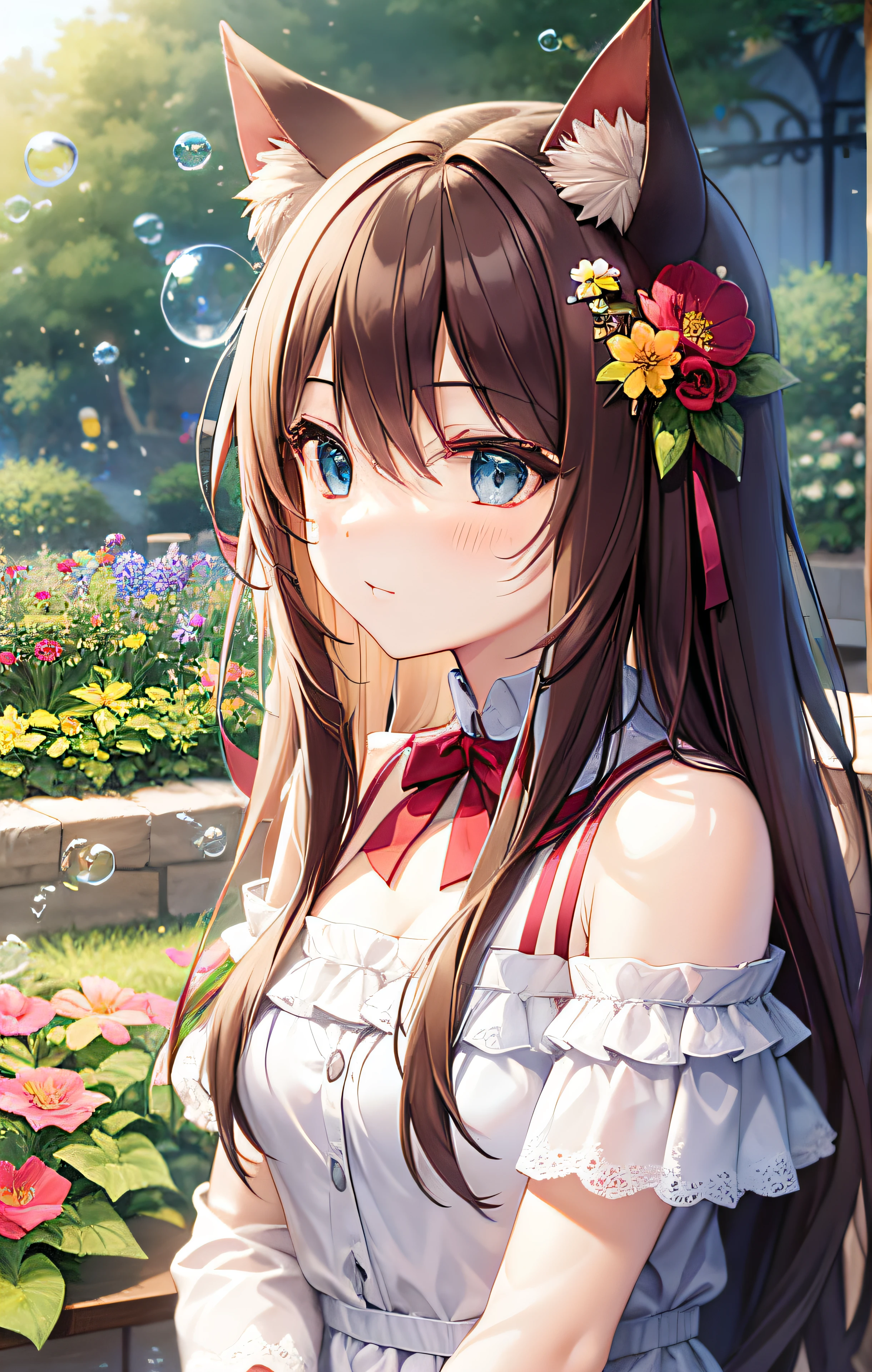 cat ears, cute, soap bubbles, flower garden