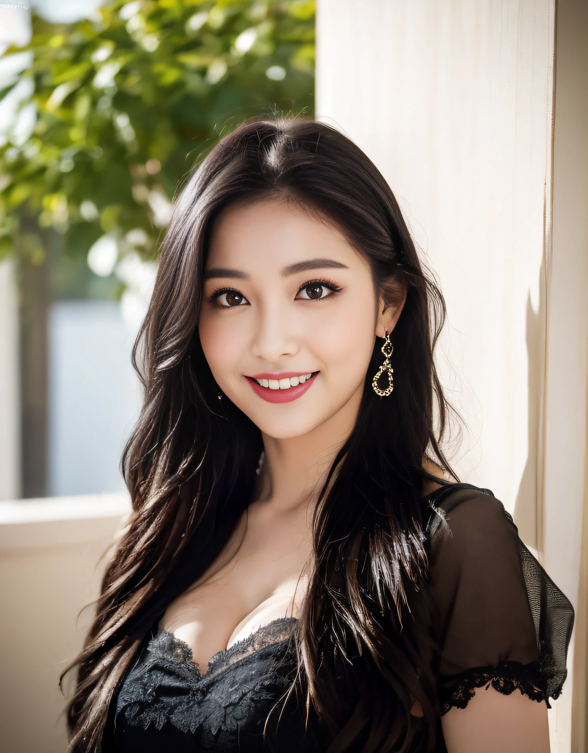 (8k, RAW photo:1.2),Top quality, Ultra high resolution, peeking breasts, big eyes, slender waist, lovely smile, 8k, very fine face, delicate lips, delicate eyes, double eyelids, long black hair, black hair, 8k, nice terrace, lovely eyes, full body photo, korean idol outfit