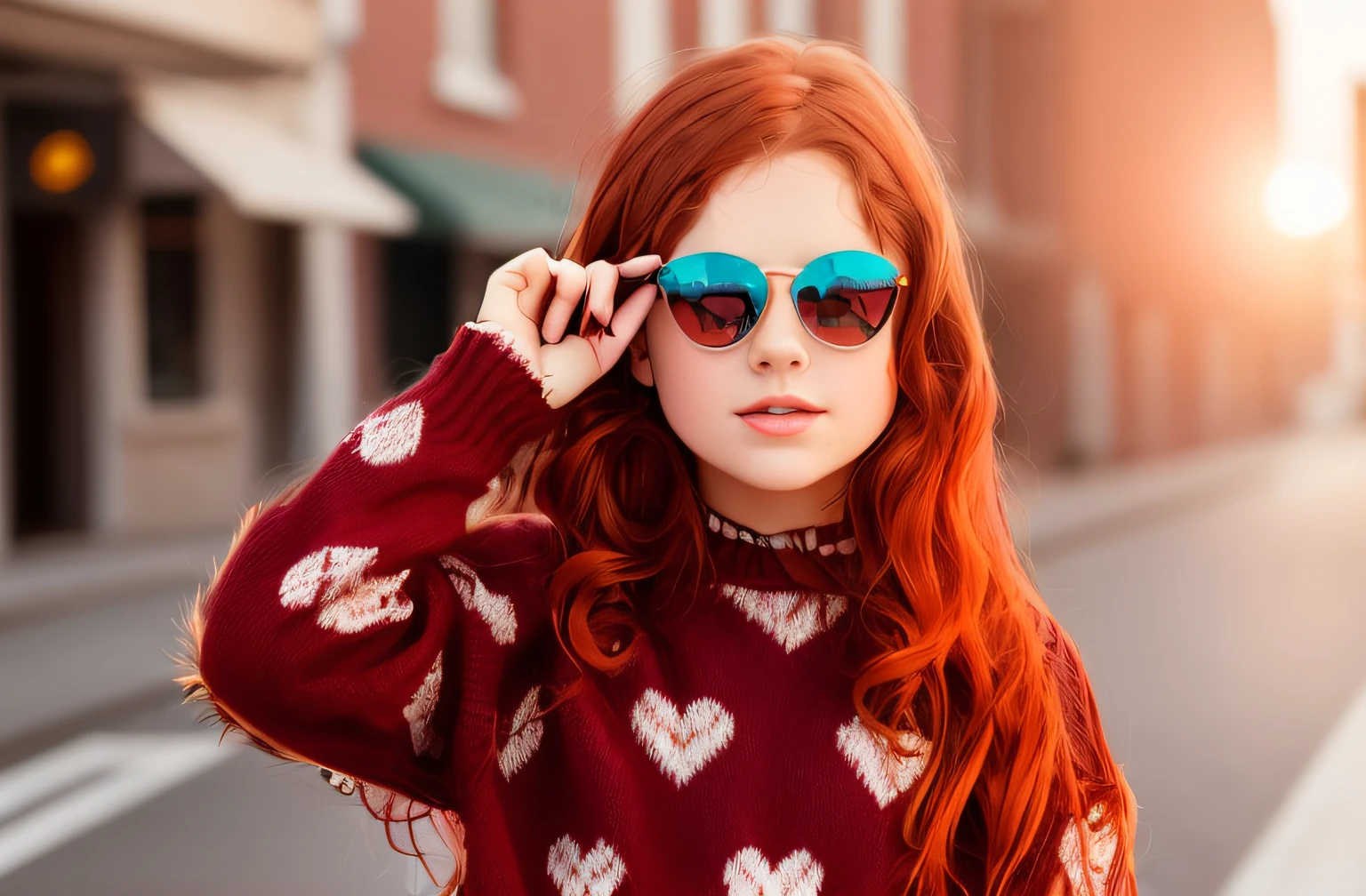 arafed girl with sunglasses and heart sweater looking at camera, with sunglasses, cute young redhead girl, with dark brown sunglasses, wearing cool sunglasses, with sunglass, girl with glasses, red haired girl, wearing mirrored sunglasses, redhead girl, sunglasses on, portrait of a red haired girl, wearing sunglasses, full subject shown in photo, red hair girl