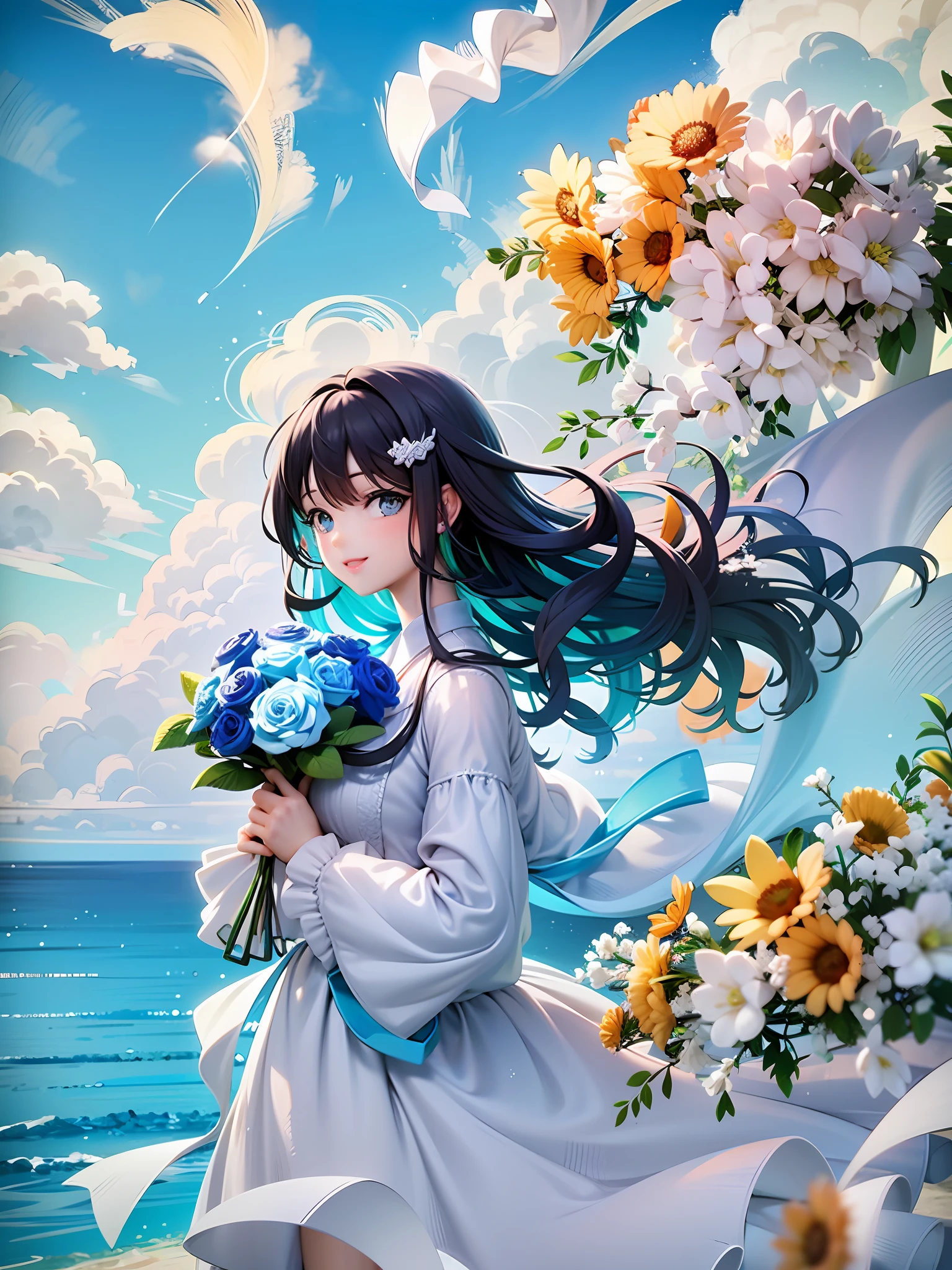 Girl, angle from the side, black and green hair, wavy long hair, light blue eyes, beautiful eyes, smile, beautiful white dress, holding bouquet of blue and white flowers in both hands, blue sky, white clouds, clear sky, beautiful white and yellow flower background, looking here