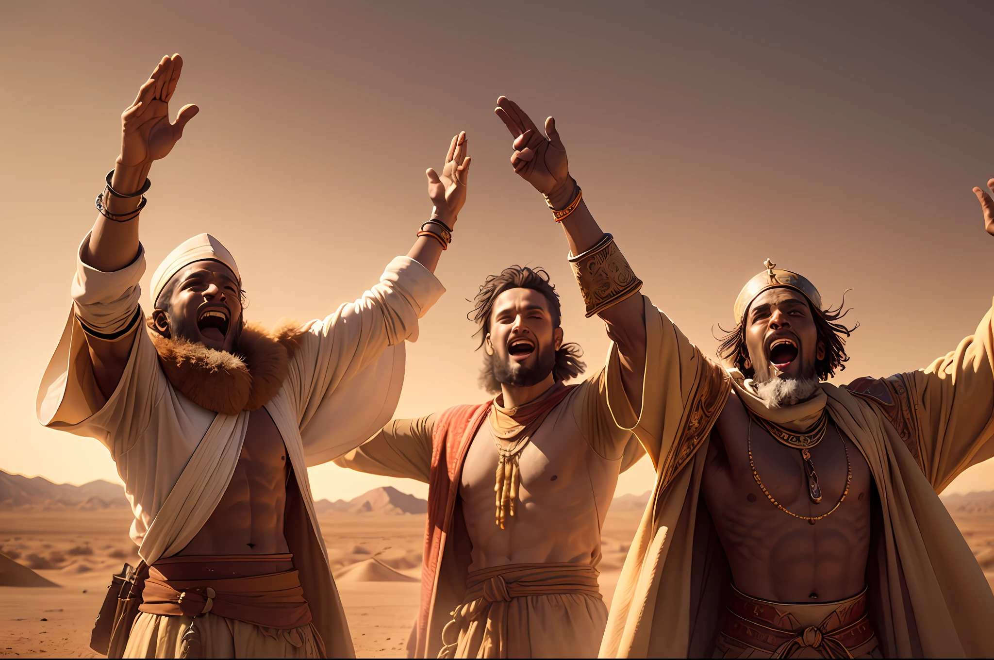 Israelite men, celebrating, thanking God, desert, victory, expressions of joy and gratitude, arms raised, warm colors, soft lighting, details of the desert and the warriors' clothing, 8k, HDR