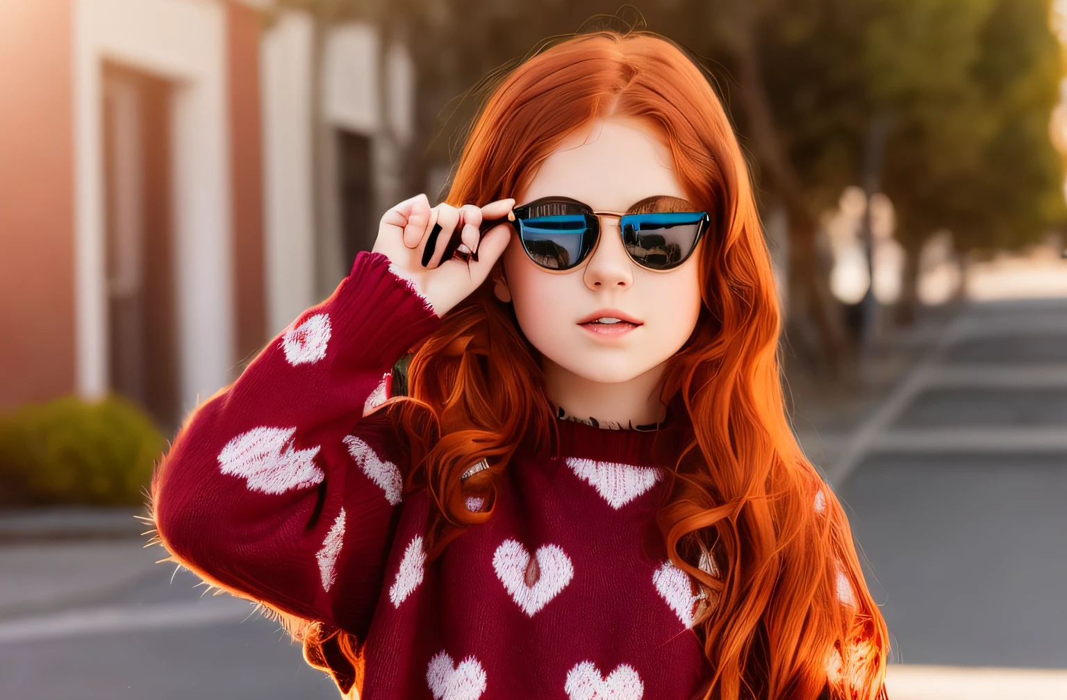 arafed girl with sunglasses and heart sweater looking at camera, with sunglasses, cute young redhead girl, with dark brown sunglasses, wearing cool sunglasses, with sunglass, girl with glasses, red haired girl, wearing mirrored sunglasses, redhead girl, sunglasses on, portrait of a red haired girl, wearing sunglasses, full subject shown in photo, red hair girl