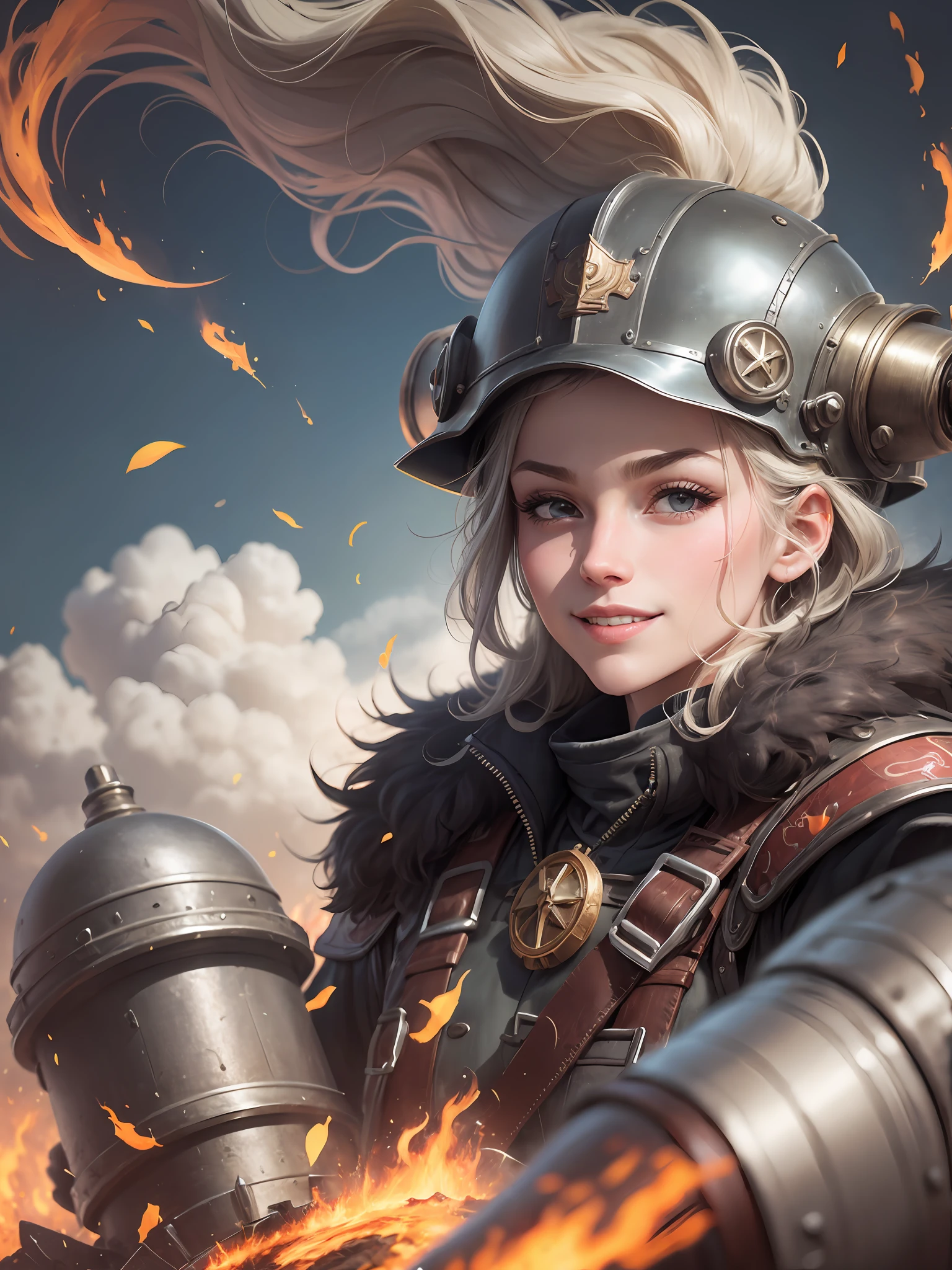 Close-up portrait, dynamic scene. 1200s. Spain. A cheerful plump musketeer is a gunner of a huge cannon on wheels, slyly squinting with a smile on his face. in a metal helmet with feathers and a uniform with accessories, professional photography, a frame from a Disney cartoon, a blurry fantasy background a ruined stone fortress, a lot of smoke and fire, sparks, 64K --auto --s2